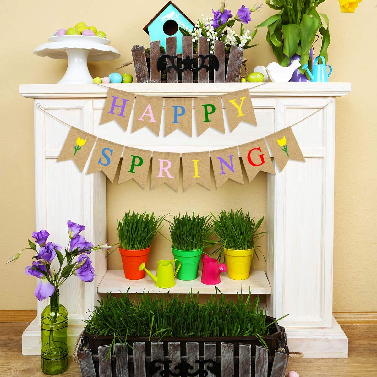Happy Spring Jute Burlap Banner with Floral Design - Home Mantel Fireplace Decoration for Easter, Wedding & Garden Party Decor