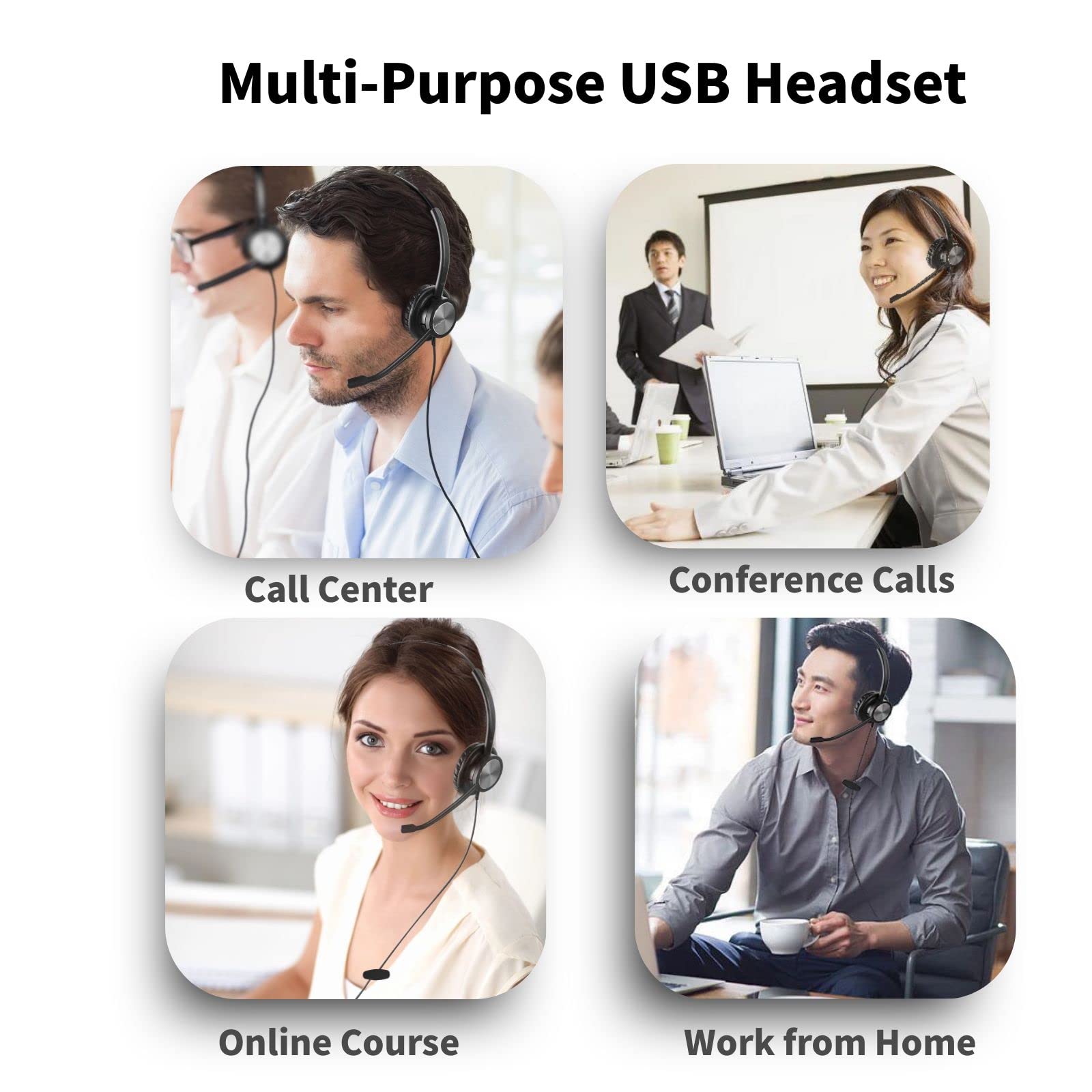 USB Wired Headphones with Noise Cancelling Microphone for Laptop, PC, Call Center & Office - Compatible with Dragon Dictation, Zoom, Teams, Google Meet, Skype - Perfect for Remote Work, Online Meetings & Customer Service