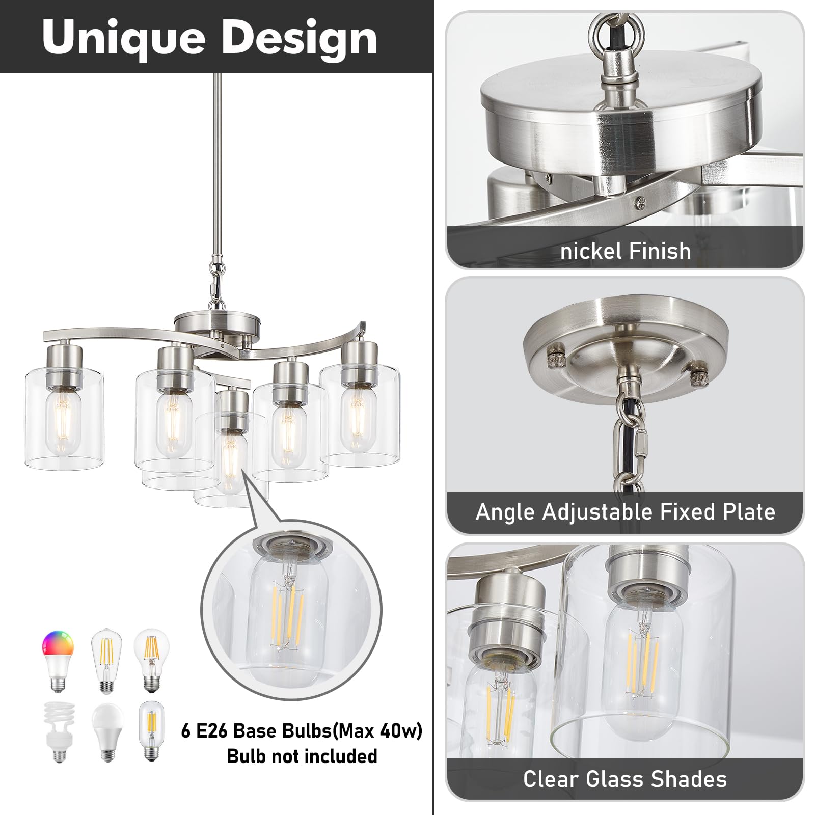 Modern Brushed Nickel Chandelier - Adjustable Height 6-Light Dining Room Ceiling Fixture for Living Room, Bedroom & Kitchen Island | Elegant Lighting for Home Decor & Dinner Parties
