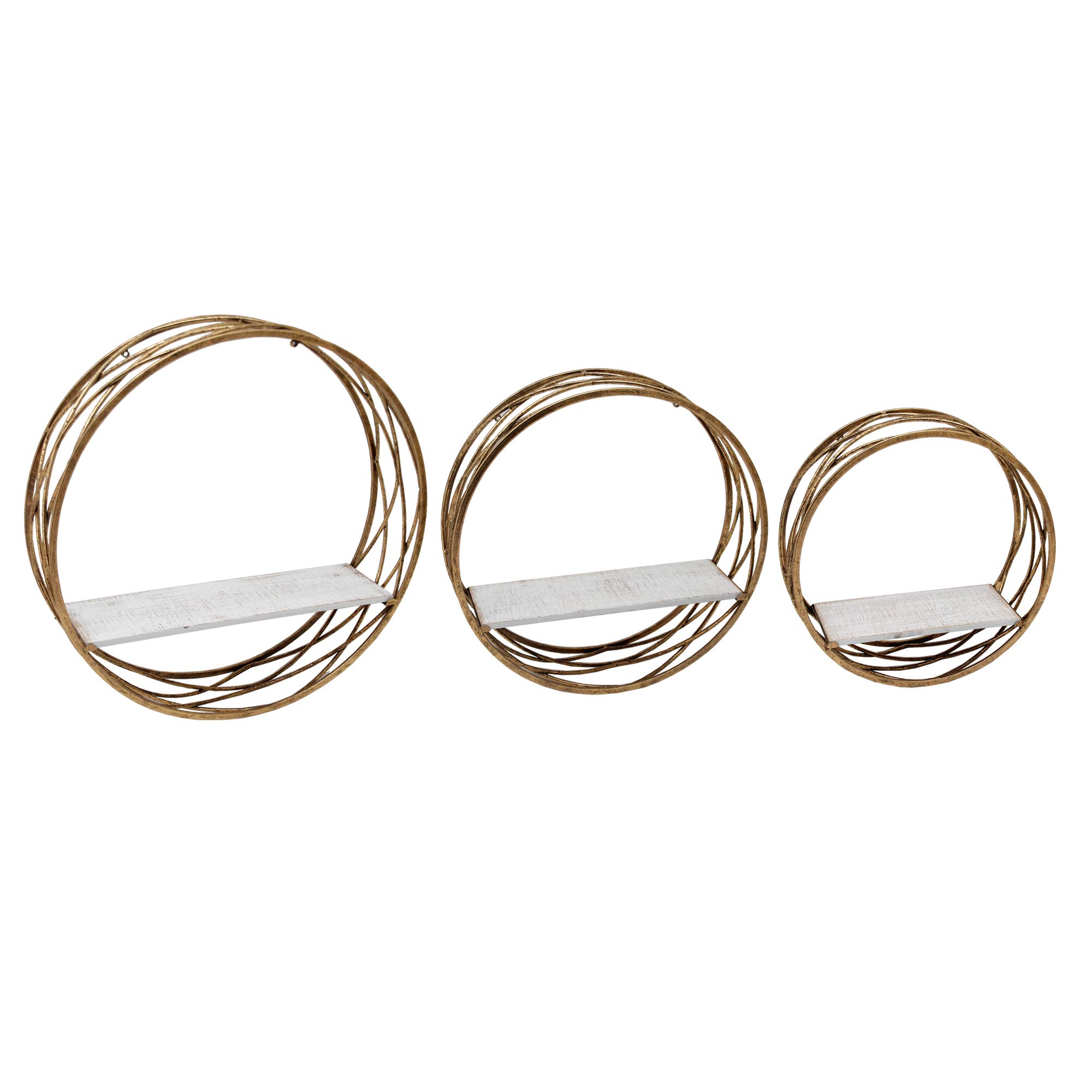 Sagebrook Home Set of 3 Round Wall Shelves - White and Gold Decorative Metal Wall Storage Shelves for Living Room, Bedroom or Office Decor - Perfect for Displaying Plants, Photos & Home Decor Items