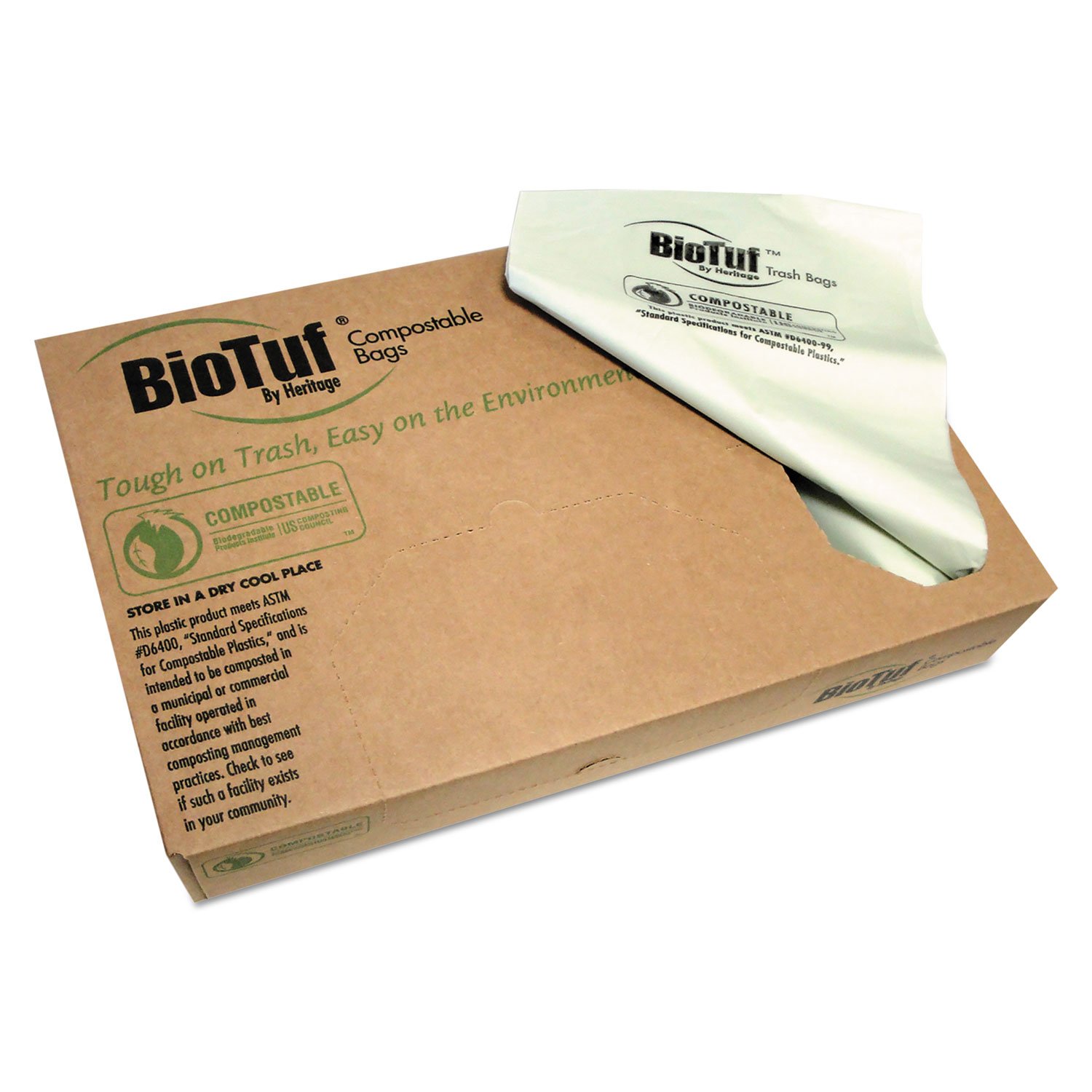 Heritage Y8046TER01 Biodegradable Compostable Trash Bags 45 Gallon - 0.9 Mil Thick, 40x46 Inch, Green (Pack of 100) - Eco-Friendly Kitchen & Yard Waste Liners for Sustainable Home & Commercial Use