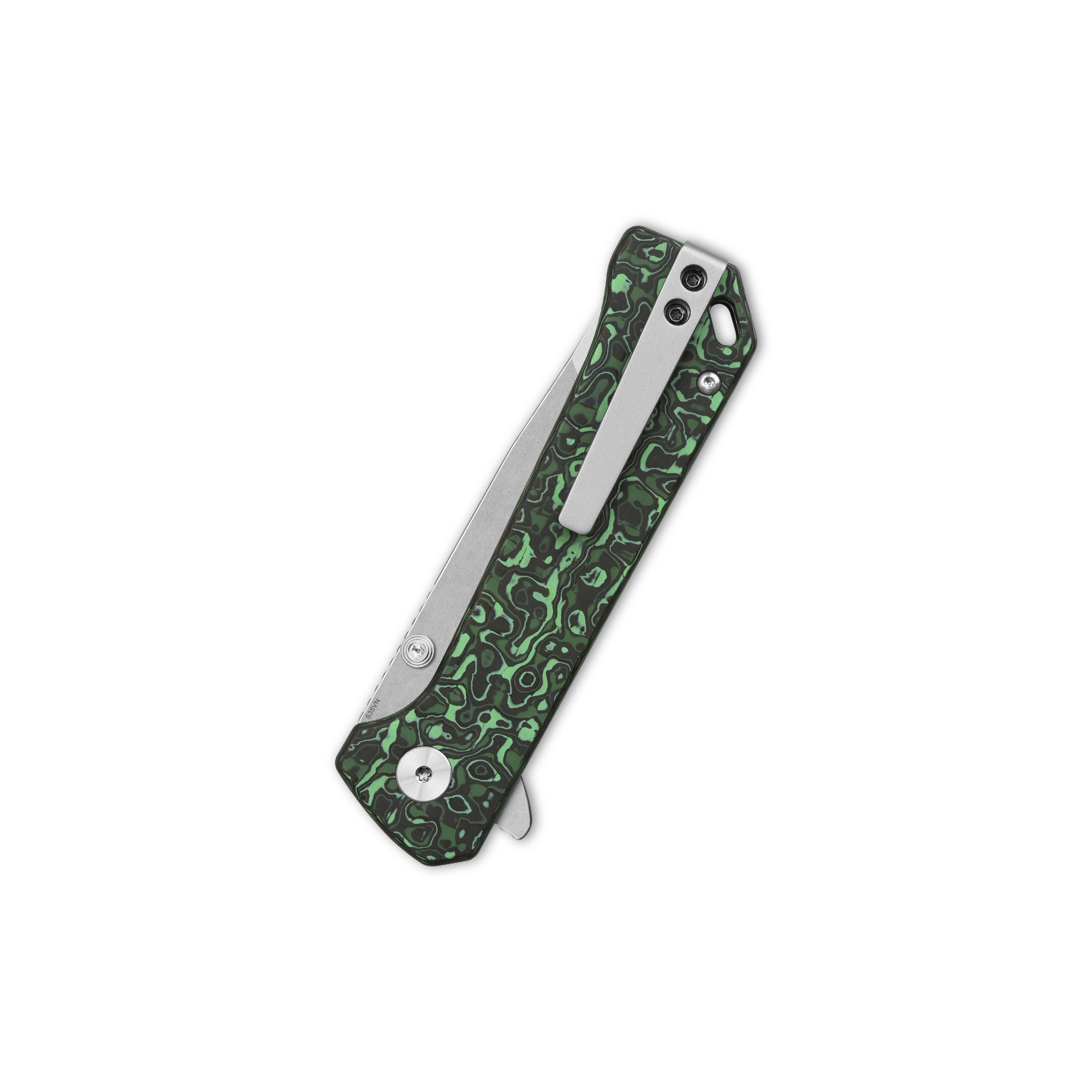 QSP Grebe T Button Lock Pocket Knife - S35VN Stainless Steel Blade, Green Camo Carbon Fiber Handle - EDC, Outdoor, Camping & Survival Knife