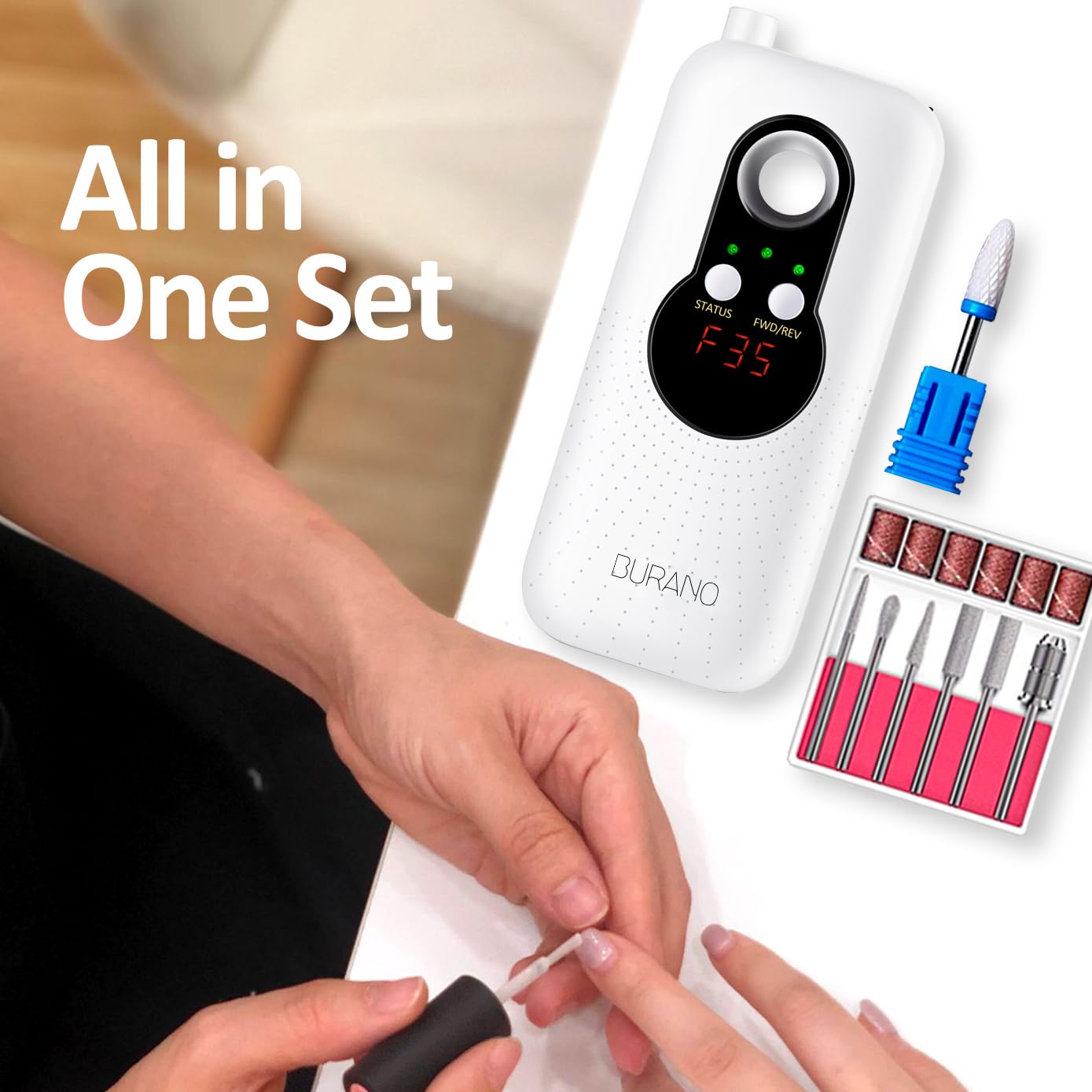 BURANO Rechargeable 35000RPM Electric Nail Drill - Professional Cordless Nail File with 10-Hour Battery Life for Acrylic Nails & Gel Polish - Portable Manicure Pedicure Kit for Salon & Home Use