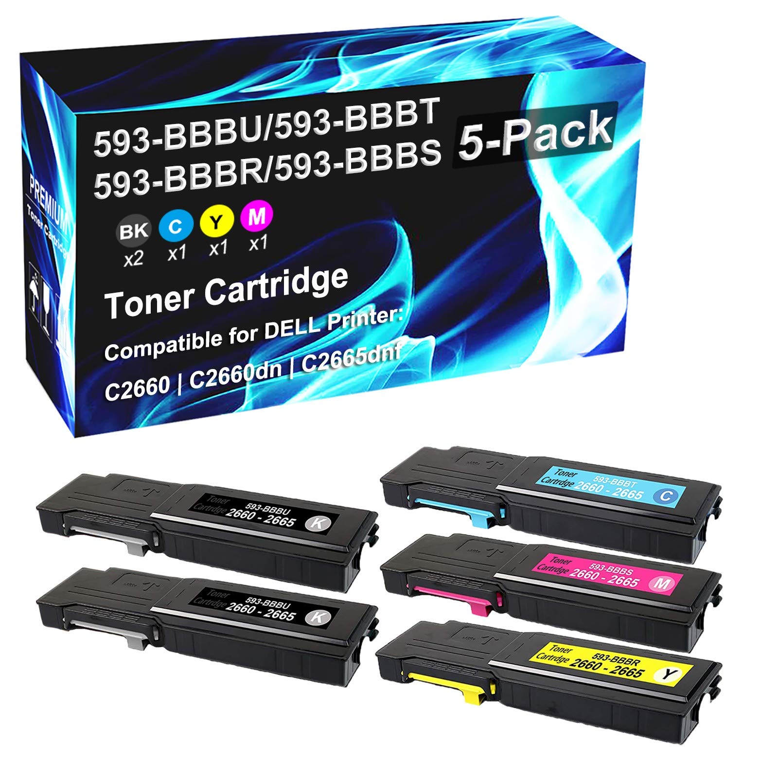 5-Pack High-Yield Compatible Toner Cartridges for Dell 593-BBBU RD80W, 593-BBBT 488NH, 593-BBBR YR3W3, 593-BBBS VXCWK - Replacement for C2660/C2660dn/C2665dnf Laser Printers (Black+Cyan+Yellow+Magenta) - Ideal for Office & Home Printing Needs