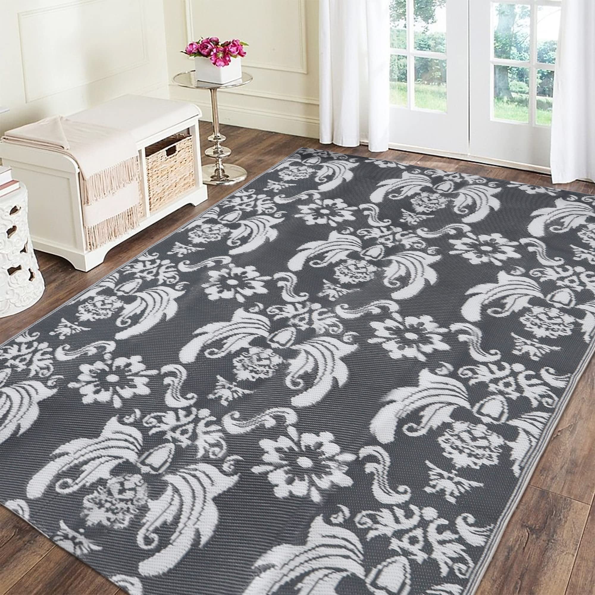 Ridota Reversible Outdoor Patio Rugs - 5' x 8' Plastic Straw Area Rug for RV, Deck, Backyard & Beach | Waterproof Modern Floor Mat in Baroque Grey & White | Perfect for Camping, Picnics & Outdoor Gatherings