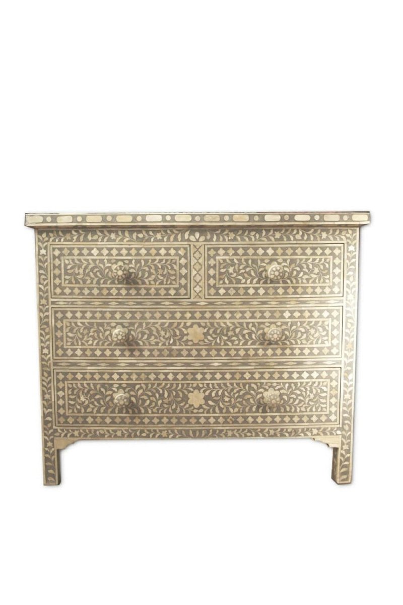 Handmade Bone Inlay 4-Drawer Chest with Storage - Vintage Boho Bedroom Dresser for Jewelry & Clothing Organization | Perfect for Master Bedroom, Guest Room & Boho Home Decor