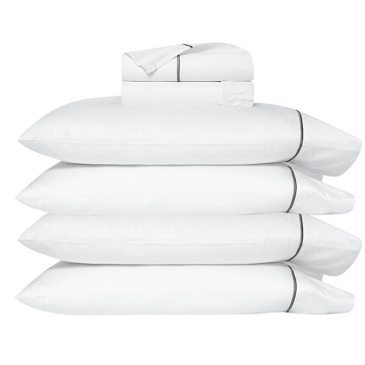 Luxury 100% Cotton Percale Bed Sheet Set - 400 Thread Count King Size with Grey Trim - 6 Piece Hotel Style Bedding (4 Pillowcases + 2 Sheets) for Ultimate Comfort - Perfect for Master Bedroom, Guest Room & Airbnb Stays