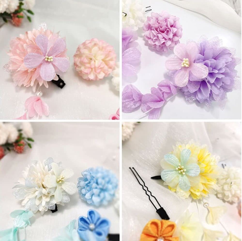 Japanese Hair Clips Set - Elegant Kimono Flower Hair Barrettes & Pearl Hair Pins for Women & Girls - Perfect for Summer Festivals, Weddings, and Daily Styling - Yellow Floral Hair Accessories