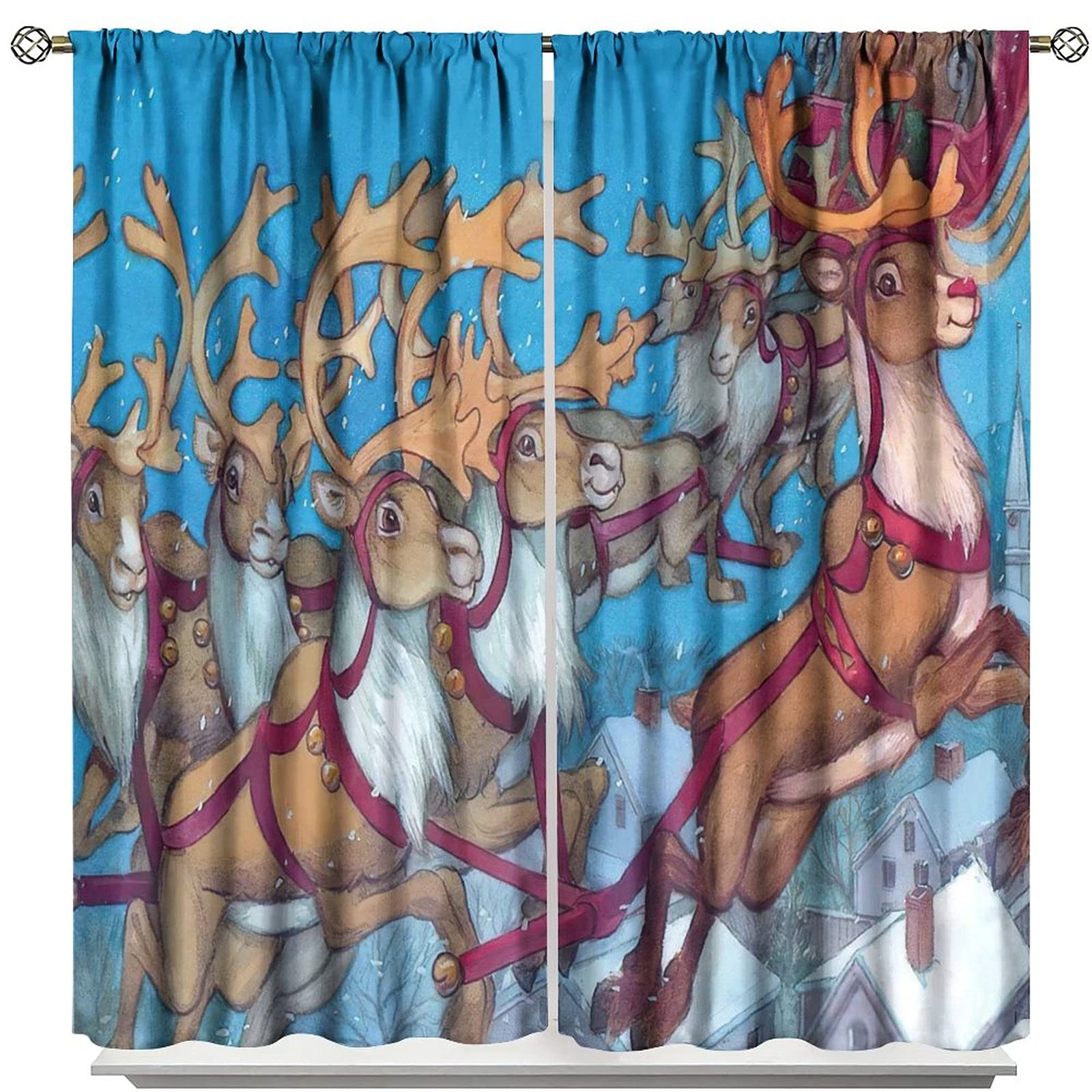 Kids Room Curtains - Elk Winter Print Cartoon Thermal Insulated Blackout Drapes for Living Room & Boys Room (55x63 Inches) - Perfect for Nursery, Bedroom & Playroom