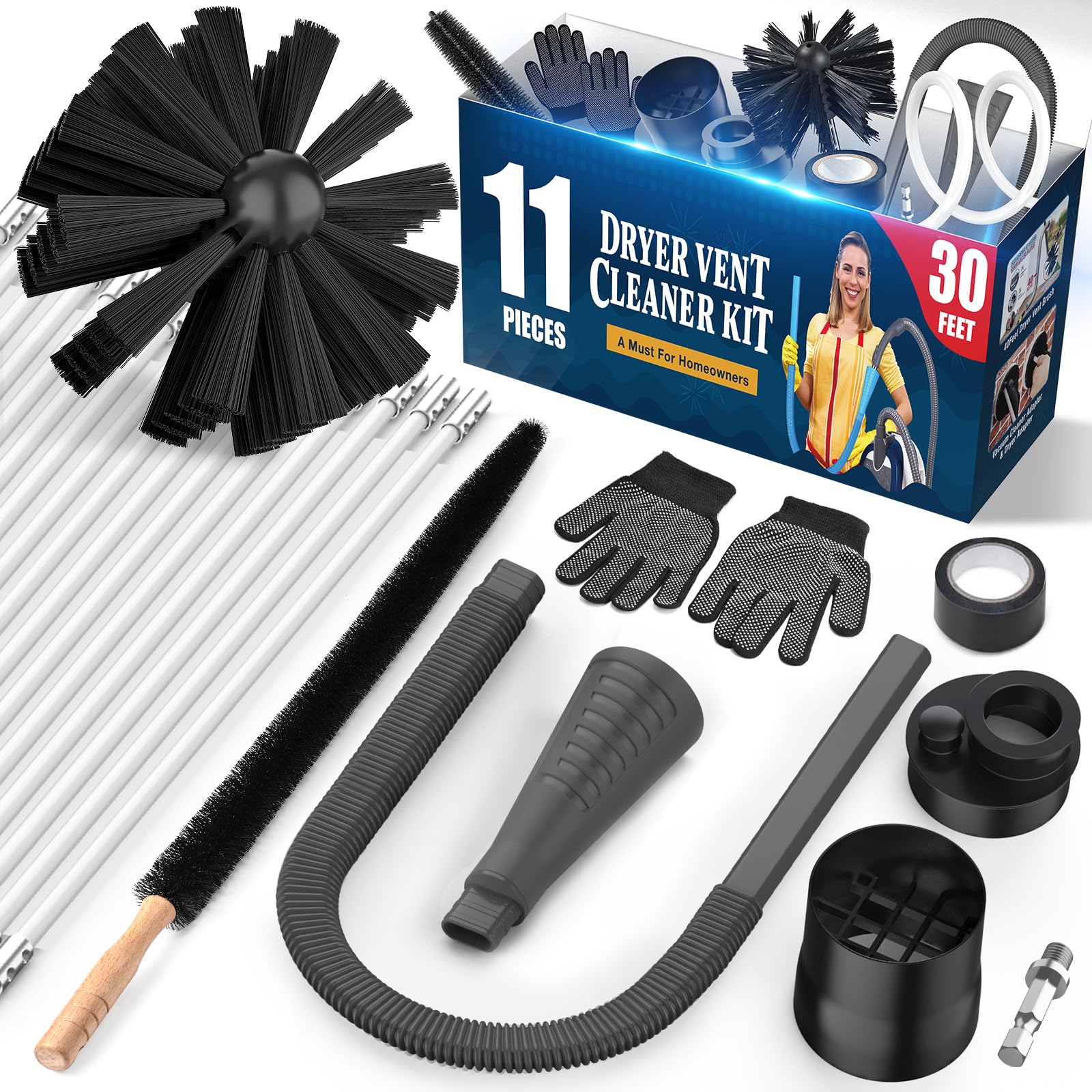 Sealegend 11-Piece Dryer Vent Cleaning Kit with 30ft Brush, Lint Vacuum Attachment & Adapters - Omnidirectional Dryer Vent Cleaner for Efficient Lint Removal - Perfect for Home Laundry Room Maintenance & Fire Prevention