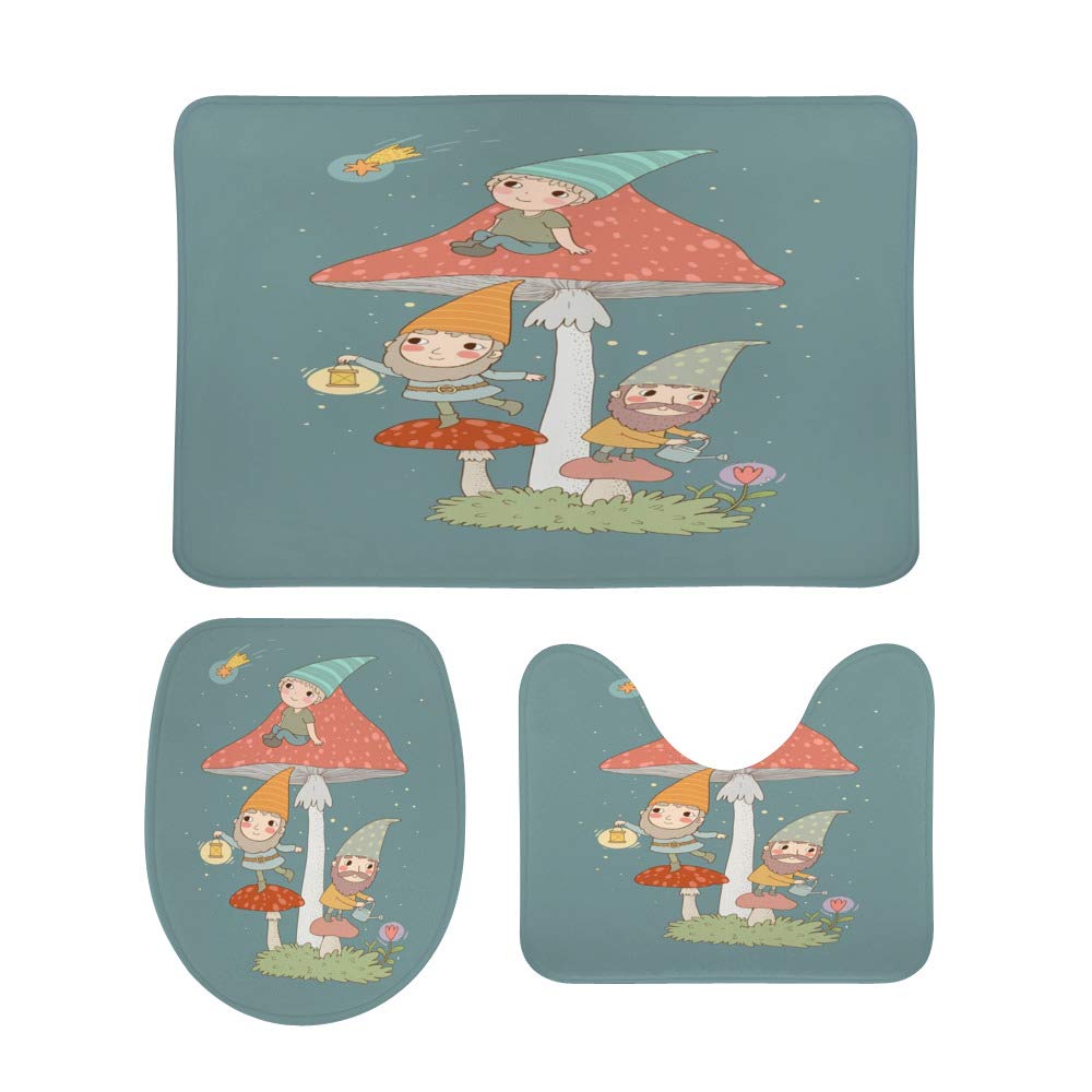 3-Piece Non-Slip Bathroom Rug Set - Soft Coral Fleece Contour Toilet Mat, Lid Cover & Bath Mat - Forest Gnome Design for Cozy Bathroom Decor - Perfect for Bathrooms, Powder Rooms & Guest Suites