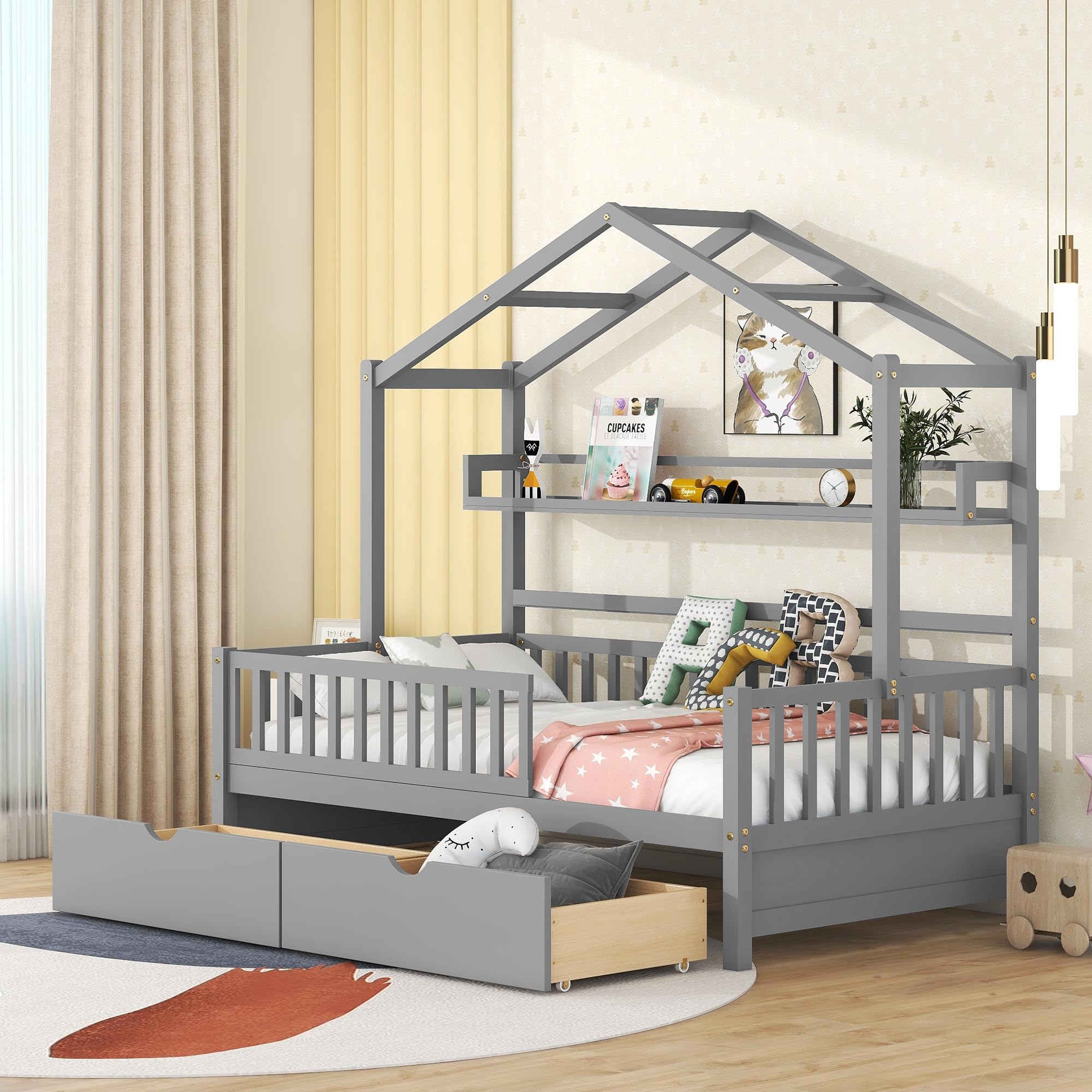 **Twin House Bed Frame with Storage Drawers & Shelf - Wooden Montessori Kids Bed for Girls & Boys, No Box Spring Needed, Grey - Perfect for Small Bedrooms & Playrooms**