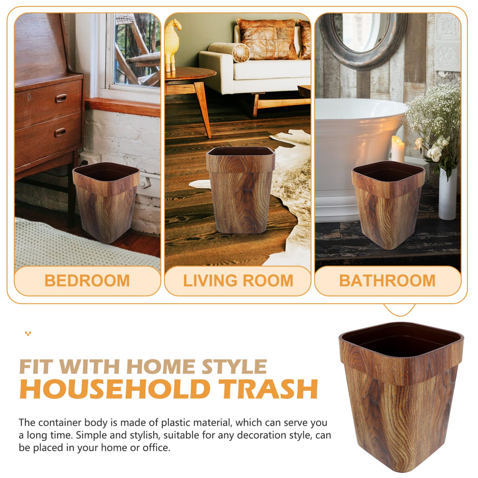 13 Gallon Wood Grain Trash Can - Lidless Waste Basket for Kitchen, Bathroom & Office - Eco-Friendly Wood Look Garbage Bin (11.99x9.43x9.43 Inches) - Perfect for Home, Office & Commercial Spaces