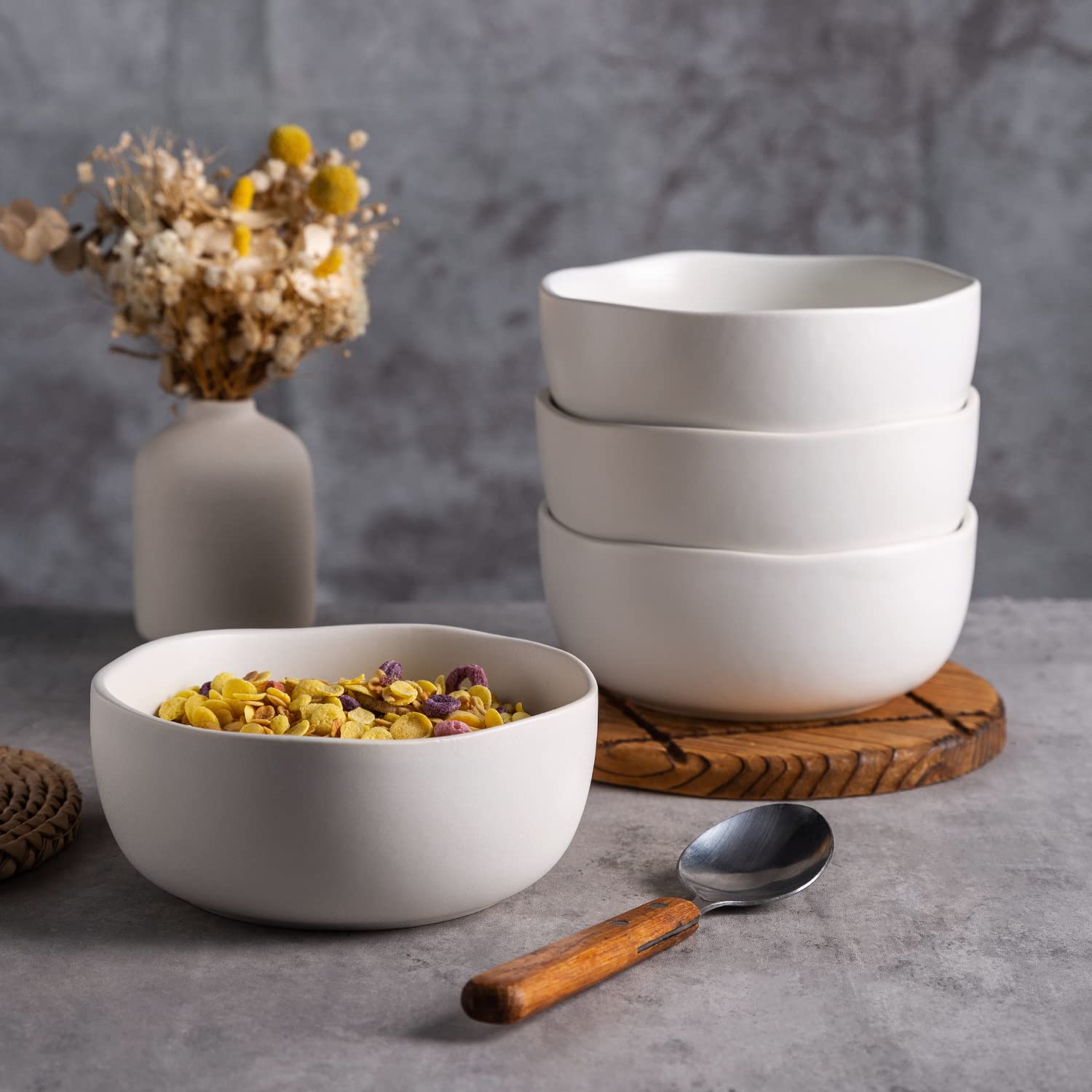 AmorArc 28oz Stoneware Cereal Bowls Set of 4 - Large Ceramic Soup & Pasta Bowls for Kitchen, Microwave, Oven & Dishwasher Safe - Matte White Wavy Rim Bowls for Breakfast, Snacks, Salads & Family Meals