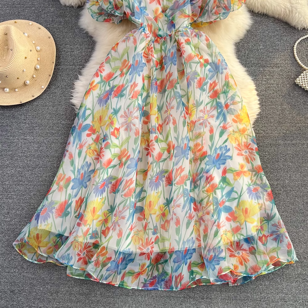 Fairy Floral Backless A-Line Printed Chiffon Dress for Women - Summer Flowy Party Dress with Floral Pattern | Perfect for Beach Weddings, Garden Parties & Date Nights