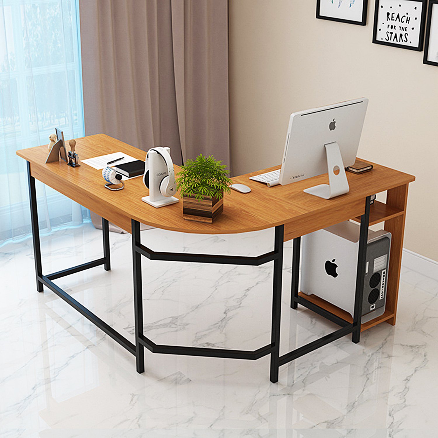 L-Shaped Corner Gaming Desk with Wooden Top & Black Frame - Home Office Computer Desk for PC, Laptop, Workstation & Study | Ergonomic Design for Small Spaces, Gaming Setup & Remote Work