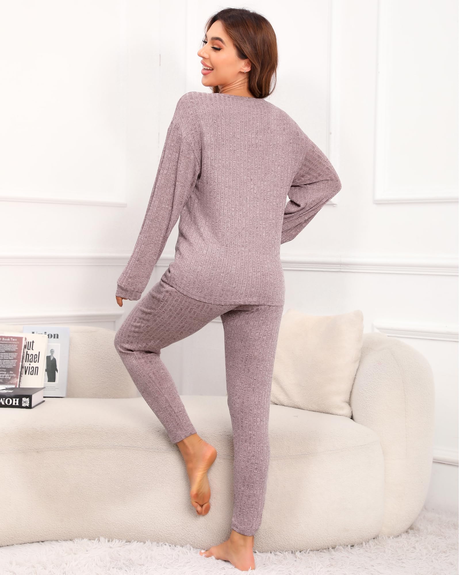 Difficort Women's Long Sleeve Pajama Set - Soft Ribbed Knit Sleepwear & Lounge Outfit with Pockets | Cozy Winter Nightwear for Home Relaxation & Sleep