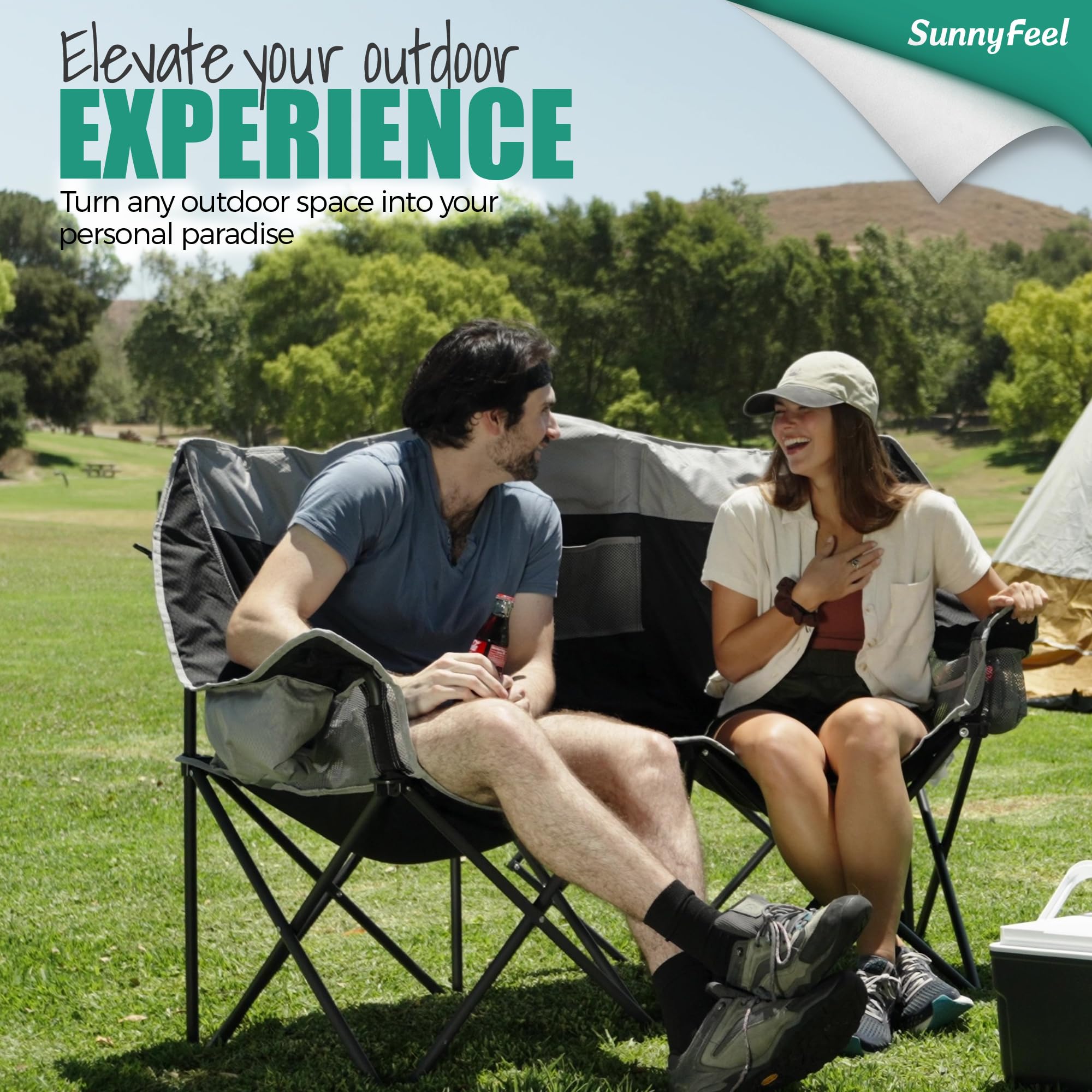 **SUNNYFEEL Heated Double Camping Chair for 2 Adults - Oversized Folding Loveseat with Heating, Heavy Duty Portable & Foldable Lawn Chair for Beach, Outdoor, Travel, Picnic, Camping - Perfect for Couples & Outdoor Enthusiasts**