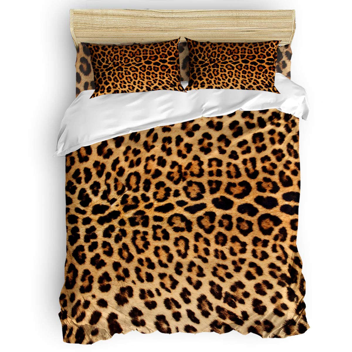 PartyShow 4-Piece Queen Size Leopard Print Comforter Set - Soft Animal Fur Texture Bedding Includes Duvet Cover, Fitted Sheet & 2 Pillowcases for Kids, Teens & Adults - Perfect for Jungle Themed Bedrooms, Sleepovers & Cozy Nights