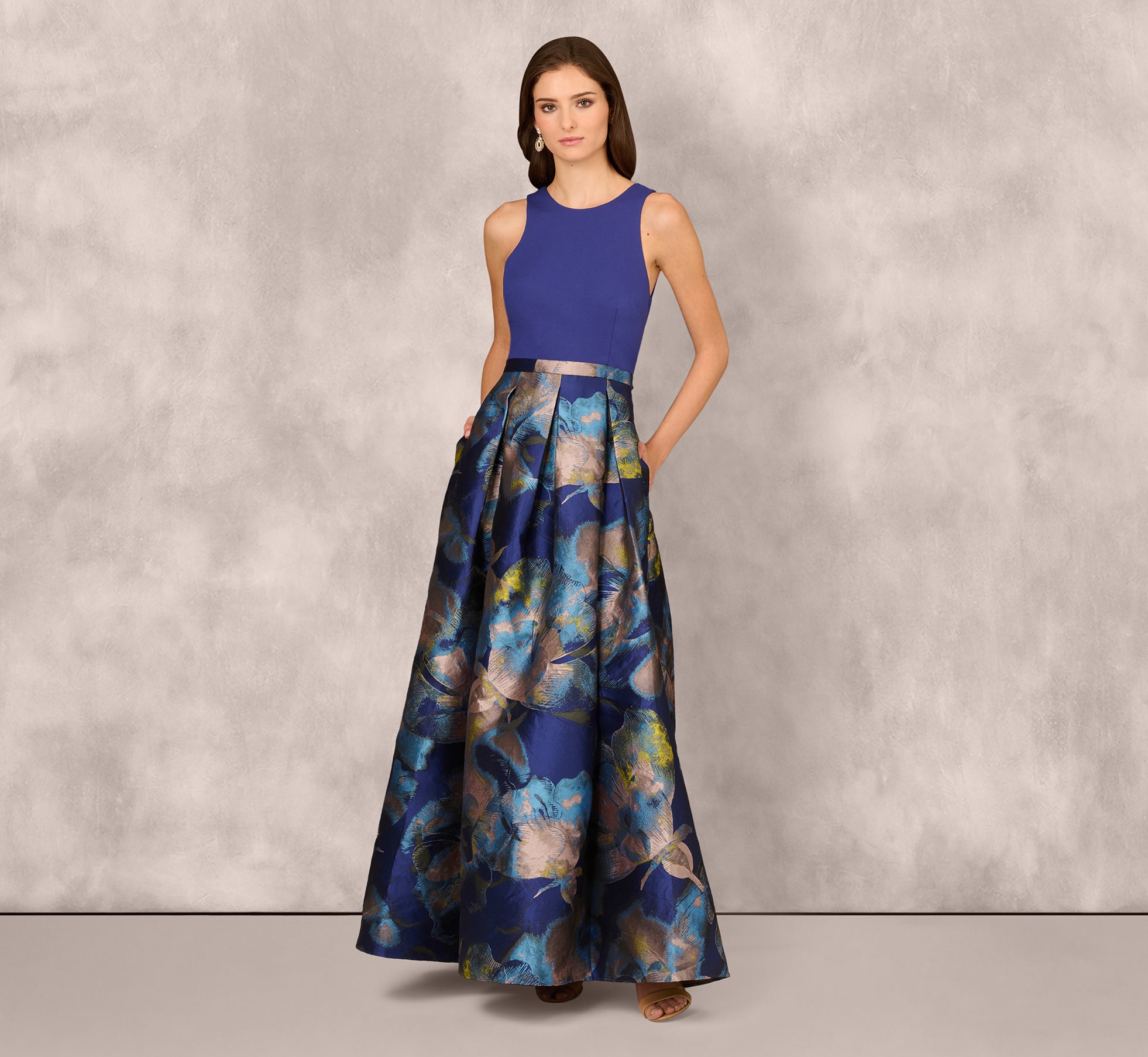 Blue & Yellow Floral Jacquard Sleeveless Ballgown Dress - Elegant Formal Wear for Weddings, Proms & Evening Events