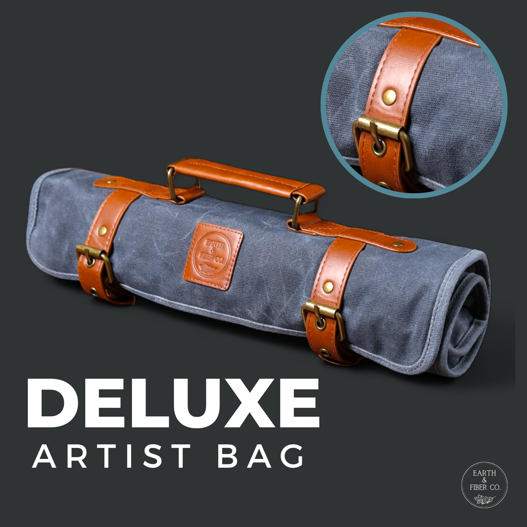 Earth & Fiber Co. Waxed Canvas Paint Brush Holder - Waterproof Art Storage Roll Bag for Painting & Drawing Supplies - Perfect for Outdoor Sketching, Studio Organizing & Travel Art Kits (Blue)