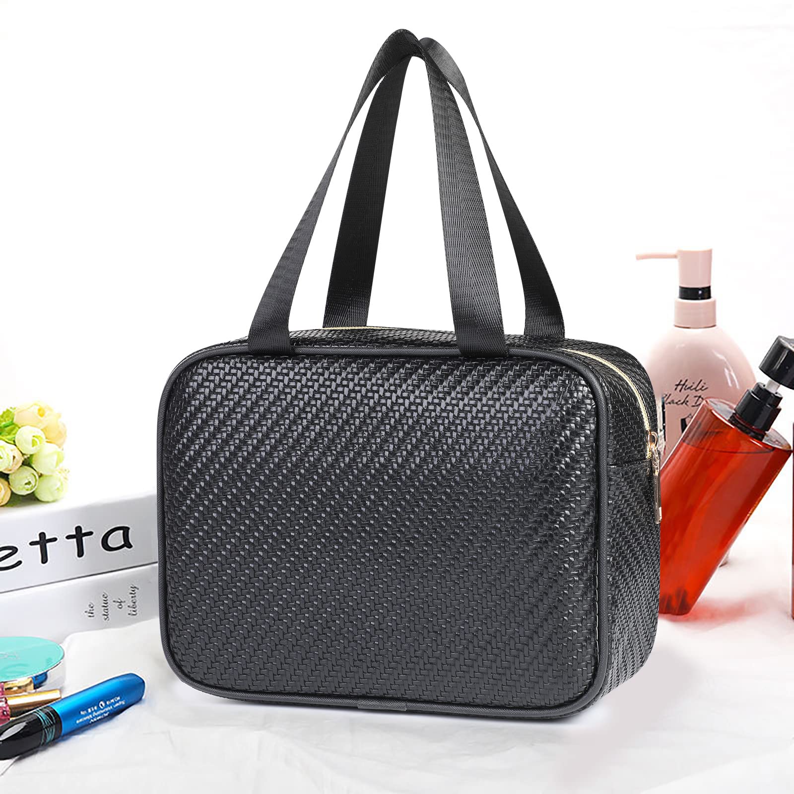 Bekeify Waterproof PU Leather Makeup Bag - Travel Toiletry Organizer for Women & Girls - Portable Cosmetic Storage Pouch for Vacation, Gym, and Daily Use (Black)