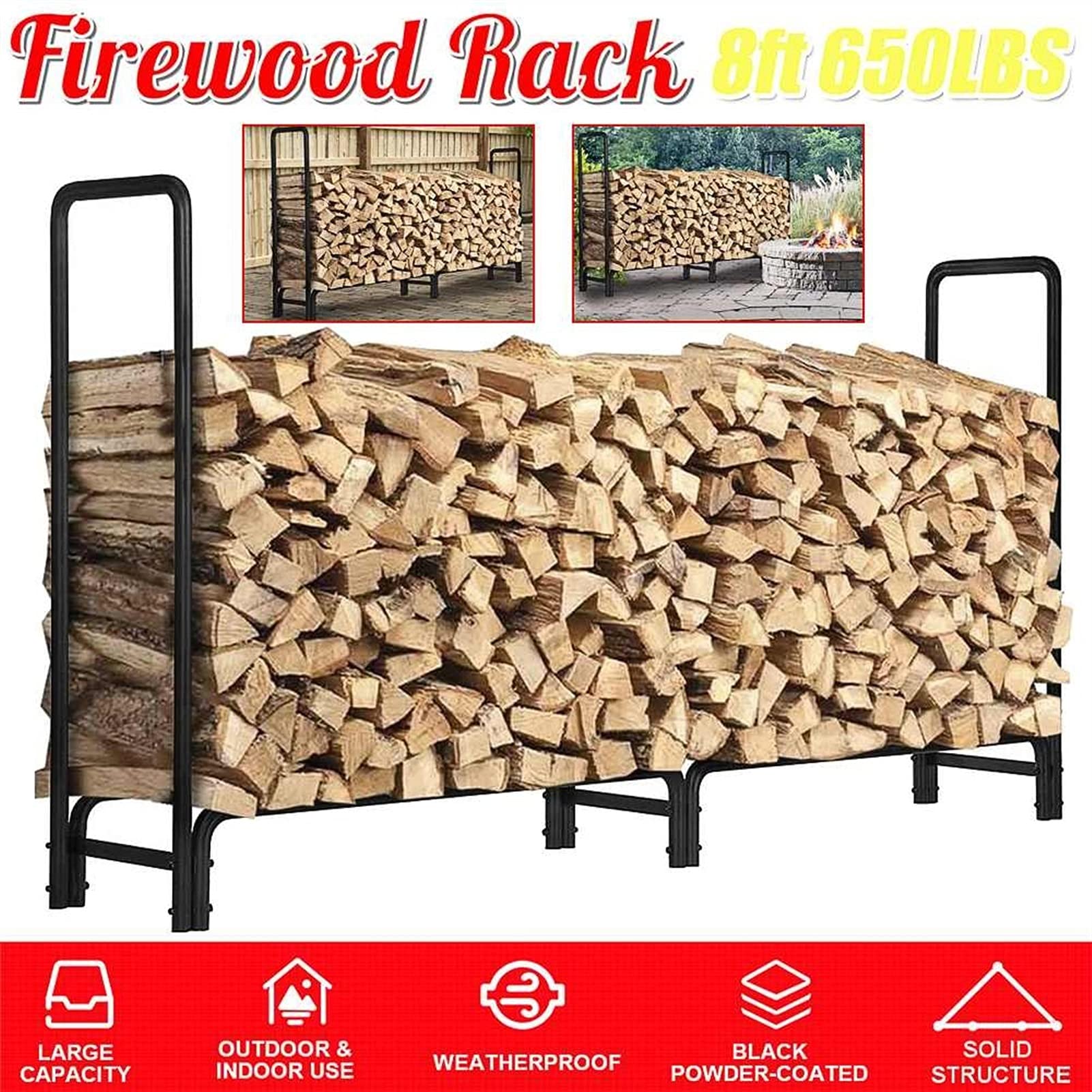 Black Metal Firewood Storage Rack - Durable Outdoor Wood Holder for Fireplace, Camping & Patio - Heavy Duty Firewood Organizer Shelf for Home, Warehouse & Backyard