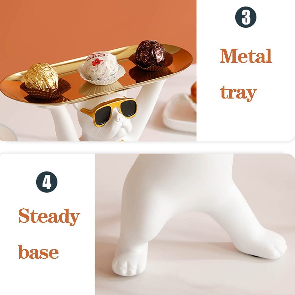 White Resin Bulldog Sculpture Key Holder with Tray - Creative Dog Butler Organizer for Keys, Jewelry, Earrings & Sundries Storage | Perfect Home Decor for Living Room, Bedroom, Entrance Table or Desk
