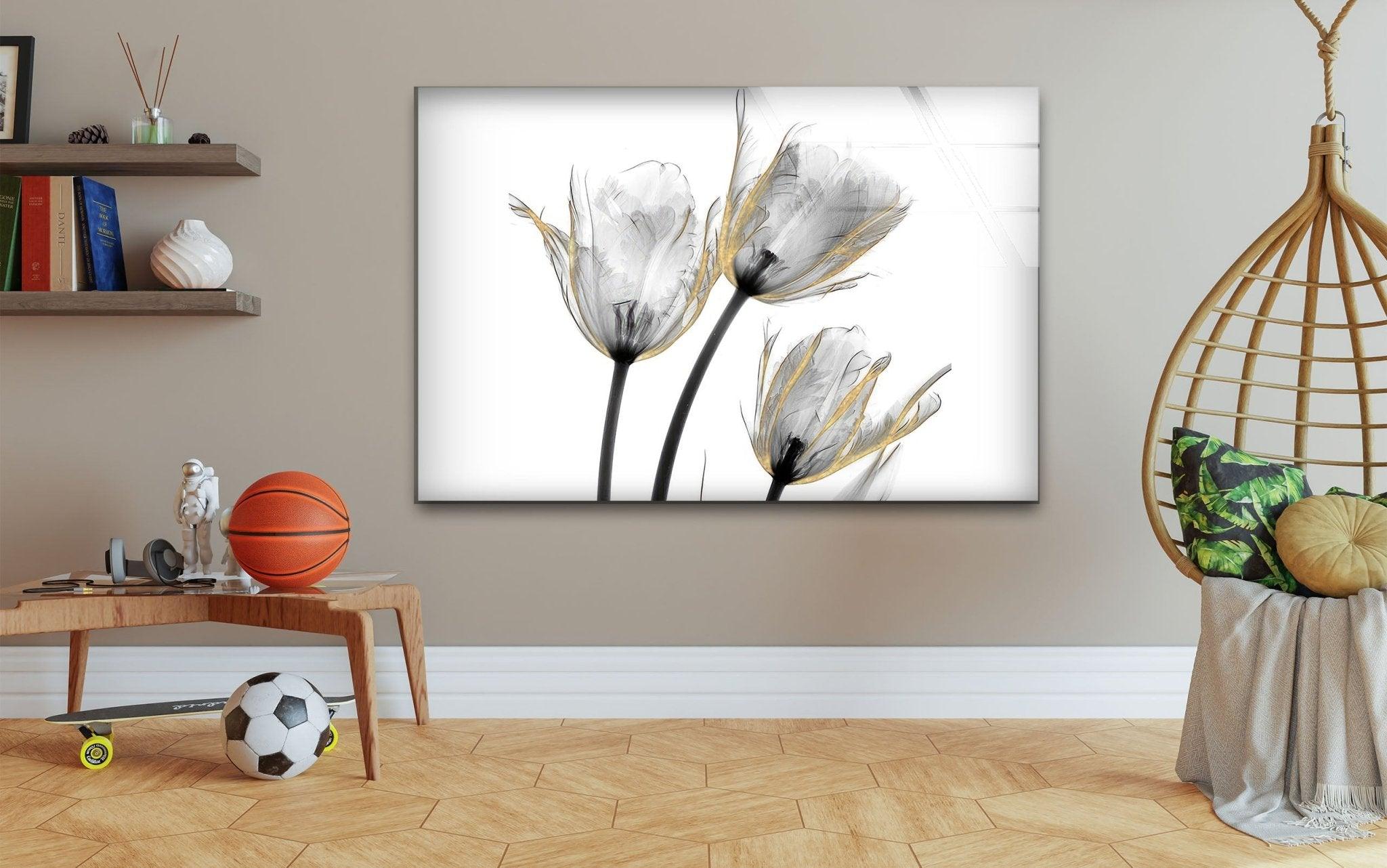 Albert Koetsier Gold Embellished Tulips Glass Wall Art - Handcrafted Floral Home Decor for Living Room, Bedroom & Office - Elegant Gift Idea for Housewarming & Wedding