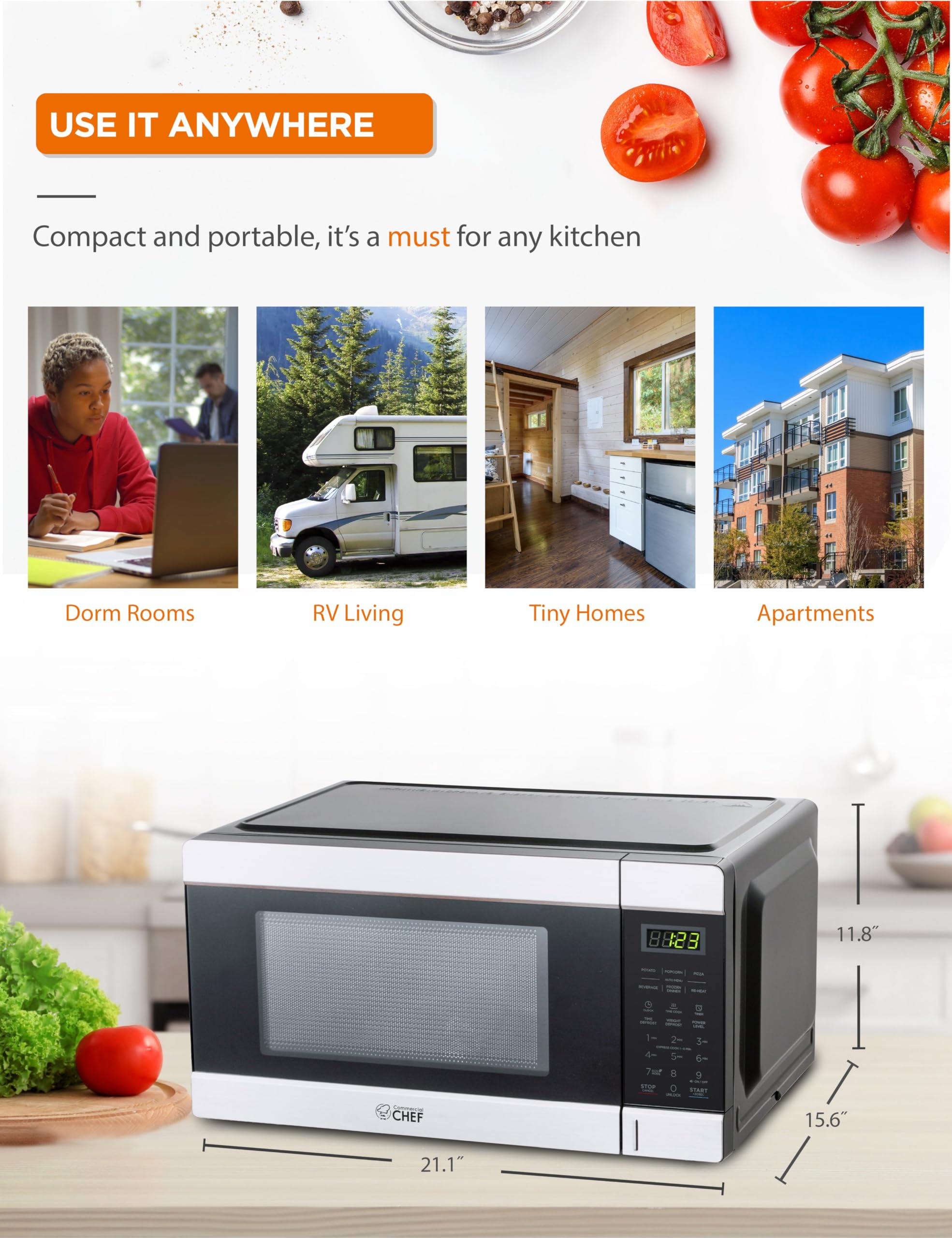 Commercial CHEF 1.1 Cu. Ft. Countertop Microwave Oven - Stainless Steel & Black - Perfect for Restaurants, Offices & Small Kitchens
