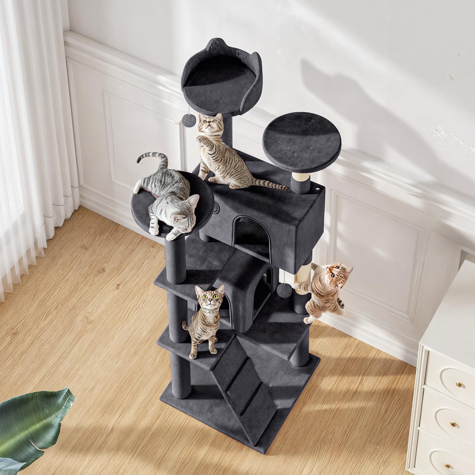 MoNiBloom 60 Inch Cat Tree Tower with 2 Cat Condos, Scratching Posts & Perches - Multi-Level Cat Climbing Furniture for Indoor Cats (Smoky Grey) - Perfect for Small Spaces, Apartments & Playful Kittens