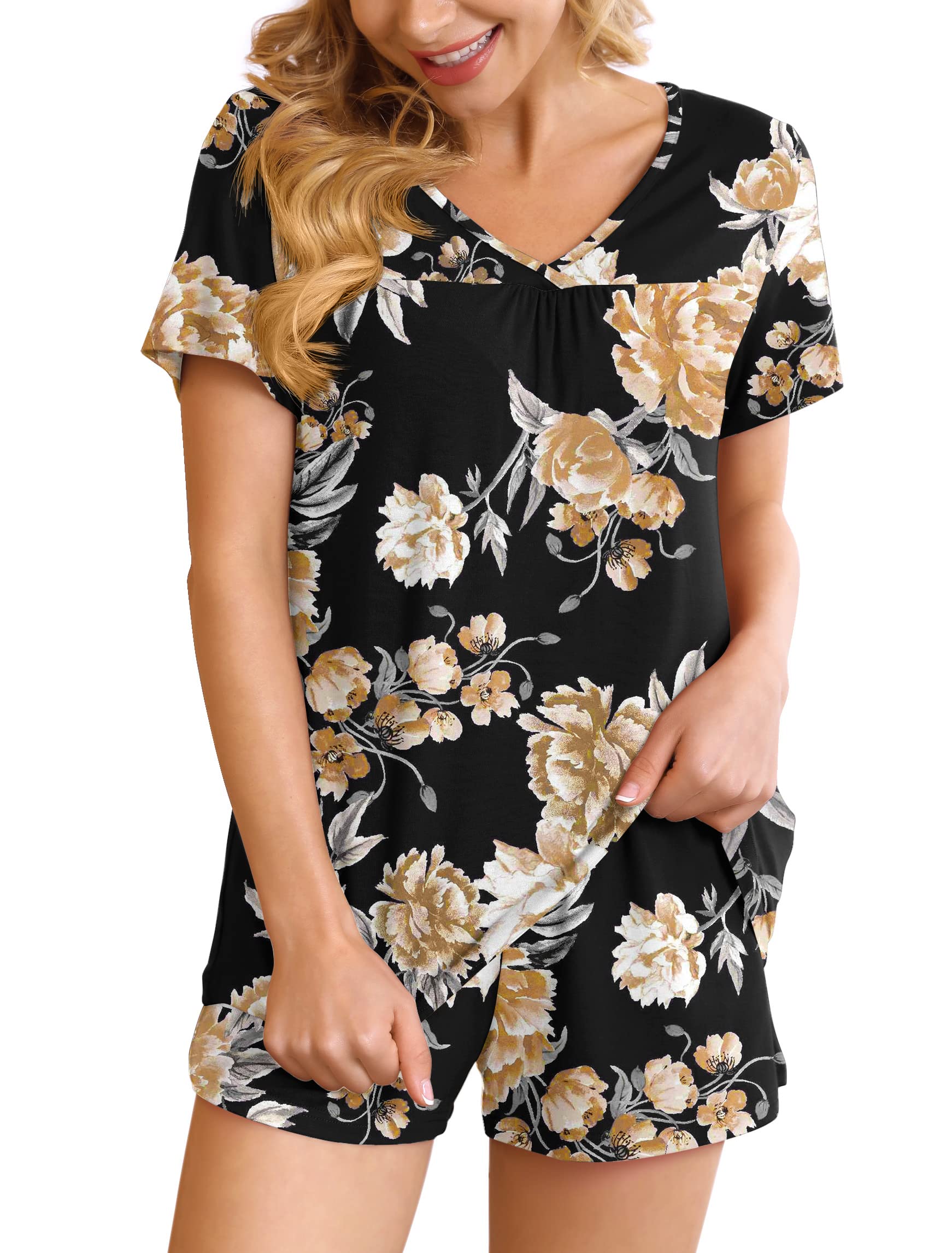 POKWAI Women's Soft 2-Piece Pajama Set with Pockets - Short Sleeve & Shorts Lounge Sleepwear for Comfortable Nightwear and Relaxing at Home