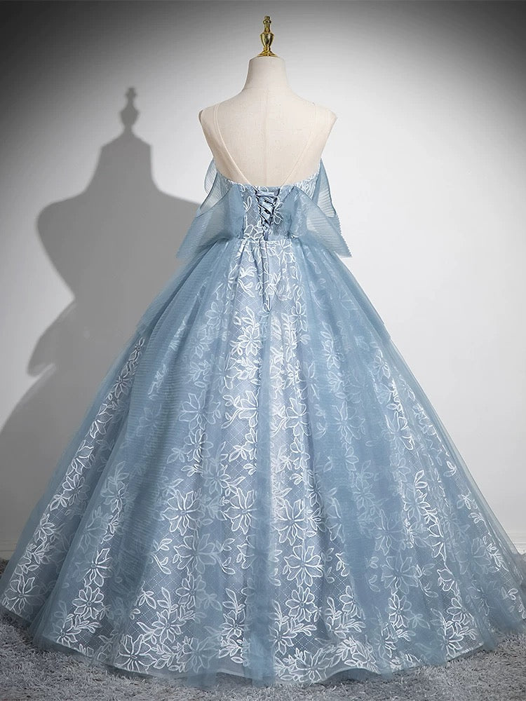 Elegant A-Line Sweetheart Neck Tulle Lace Long Prom Dress in Gray-Blue | Formal Evening Gown for Homecoming, Ball, Wedding & Special Occasions