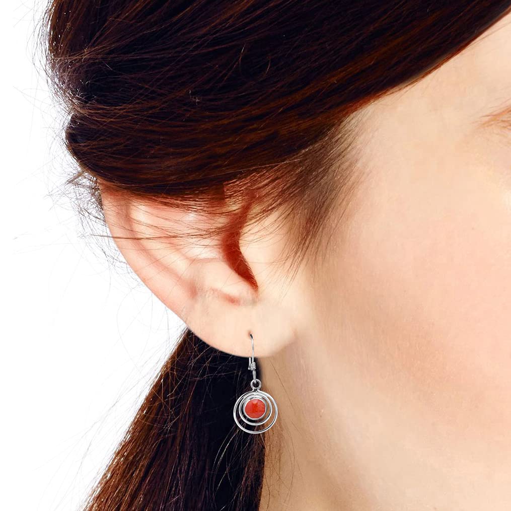 AeraVida Sterling Silver Red Coral Dangle Earrings for Women | .925 Silver Elegant Orbital Design Jewelry | Bold Statement Earrings for Party, Wedding & Evening Occasions