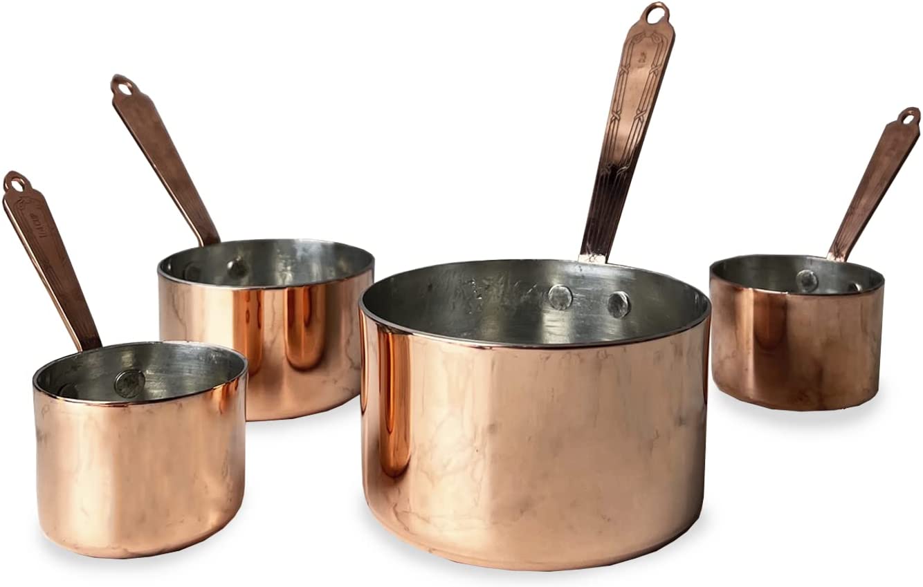 Vintage Inspired Measuring Cups Set of 4 - Authentic Copper & Brass with Hand Engraved Cross & Bow Pattern - Perfect for Baking, Cooking & Kitchen Decor | Coppermill Kitchen