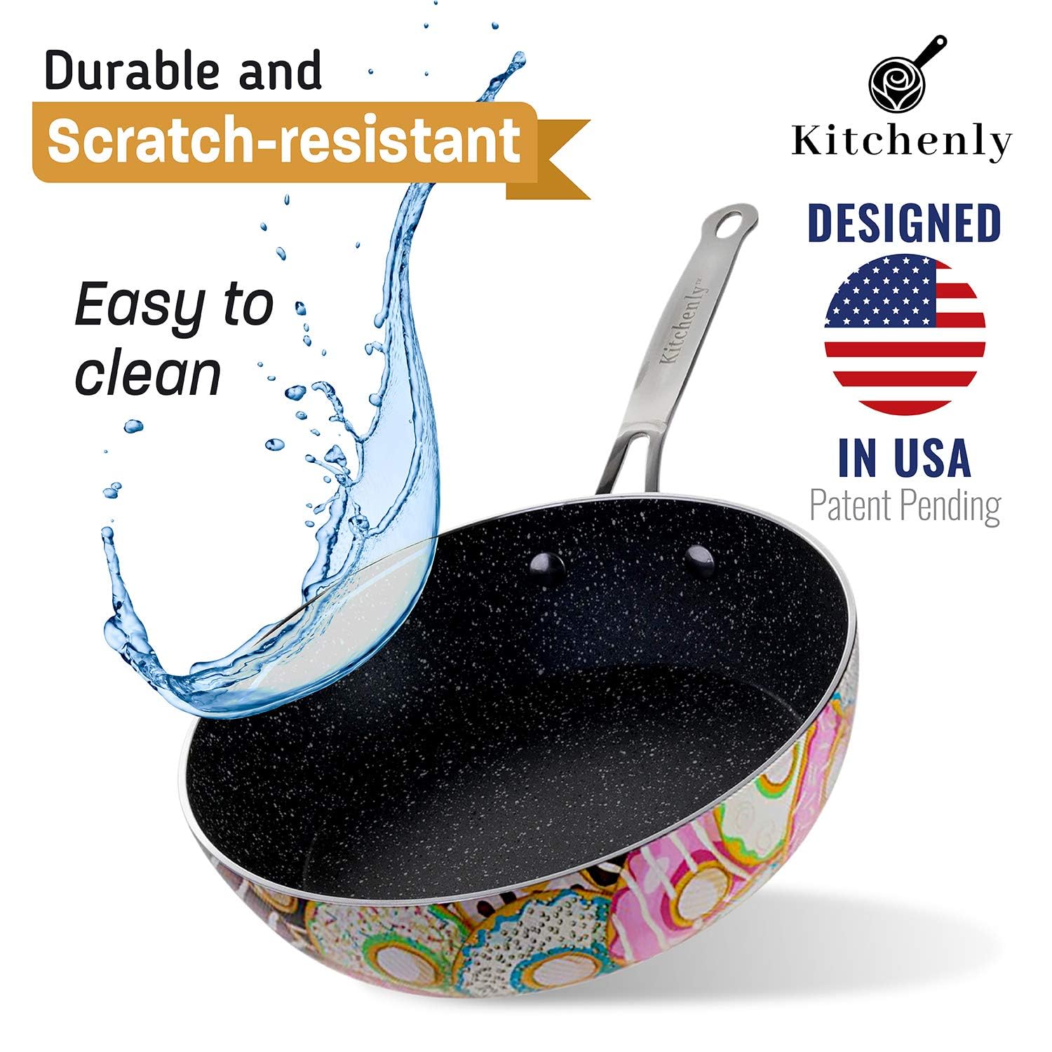 KITCHENLY™ 11 Inch Nonstick Deep Frying Pan with Lid - Stone Coated Cookware for Gas, Electric & Induction Stoves - Oven Safe - Perfect for Sautéing, Frying & Cooking Eggs