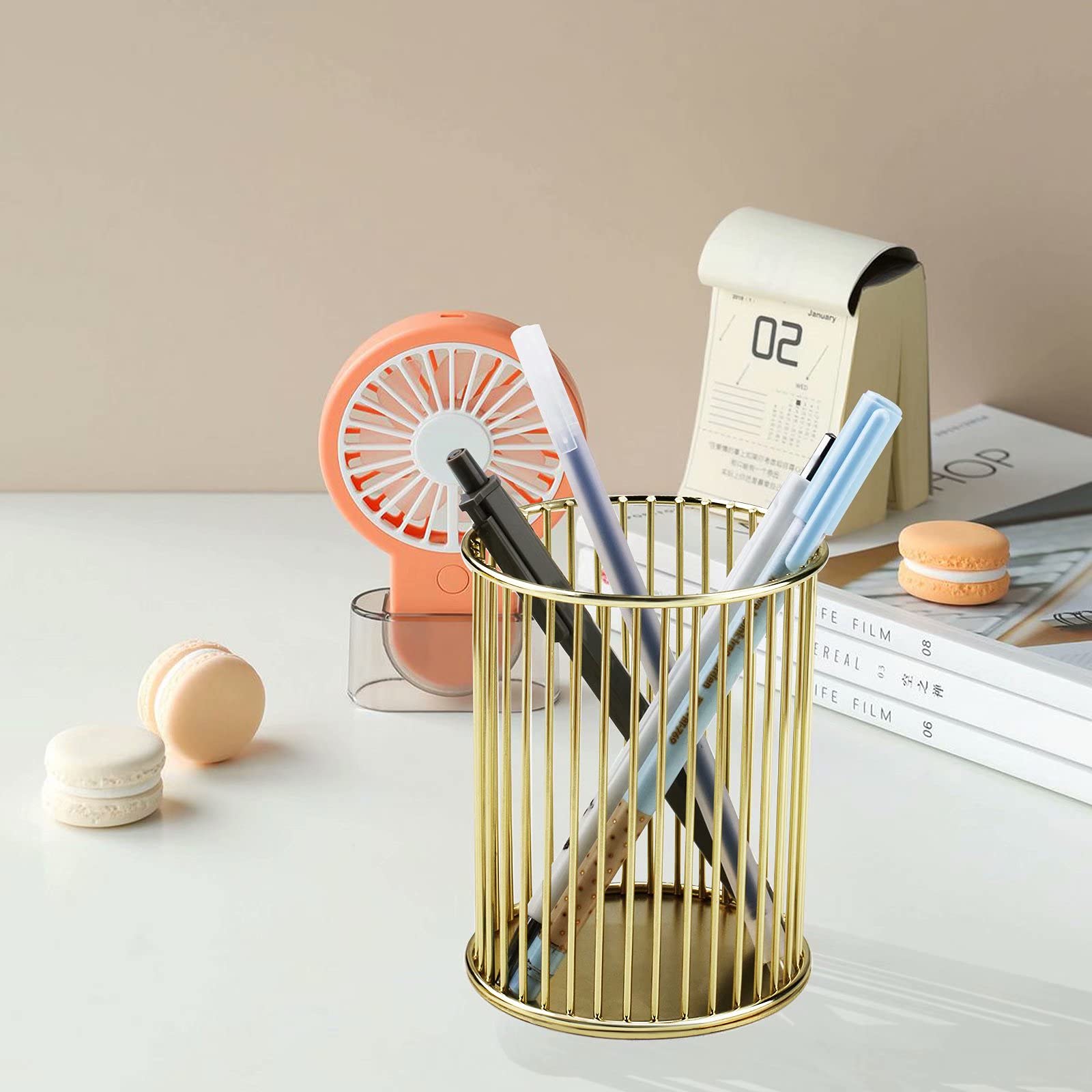 Golden Metal Wire Pen & Pencil Holder - Stylish Desk Organizer for Stationery & Makeup Brushes - Perfect for Office, School & Home Workspace Organization (1PC)