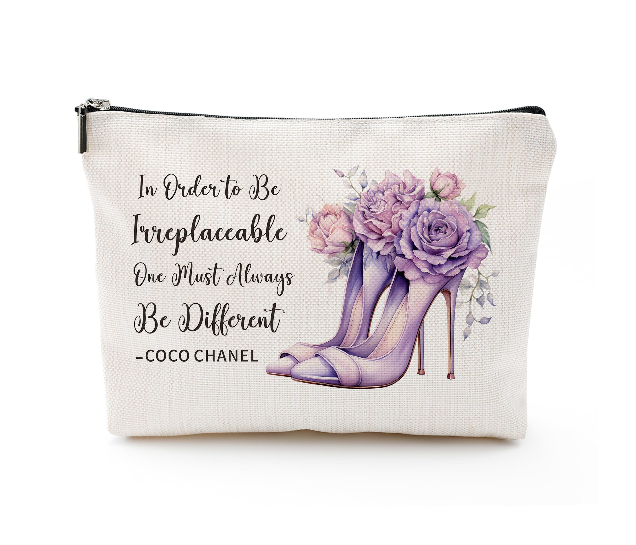 Coco Chanel Quotes Makeup Bag for Women - Waterproof Linen Cosmetic Pouch, Travel Toiletry Bag with Inspirational Quote 'To Be Irreplaceable, One Must Always Be Different' - Perfect for Travel, Gym, and Daily Beauty Essentials
