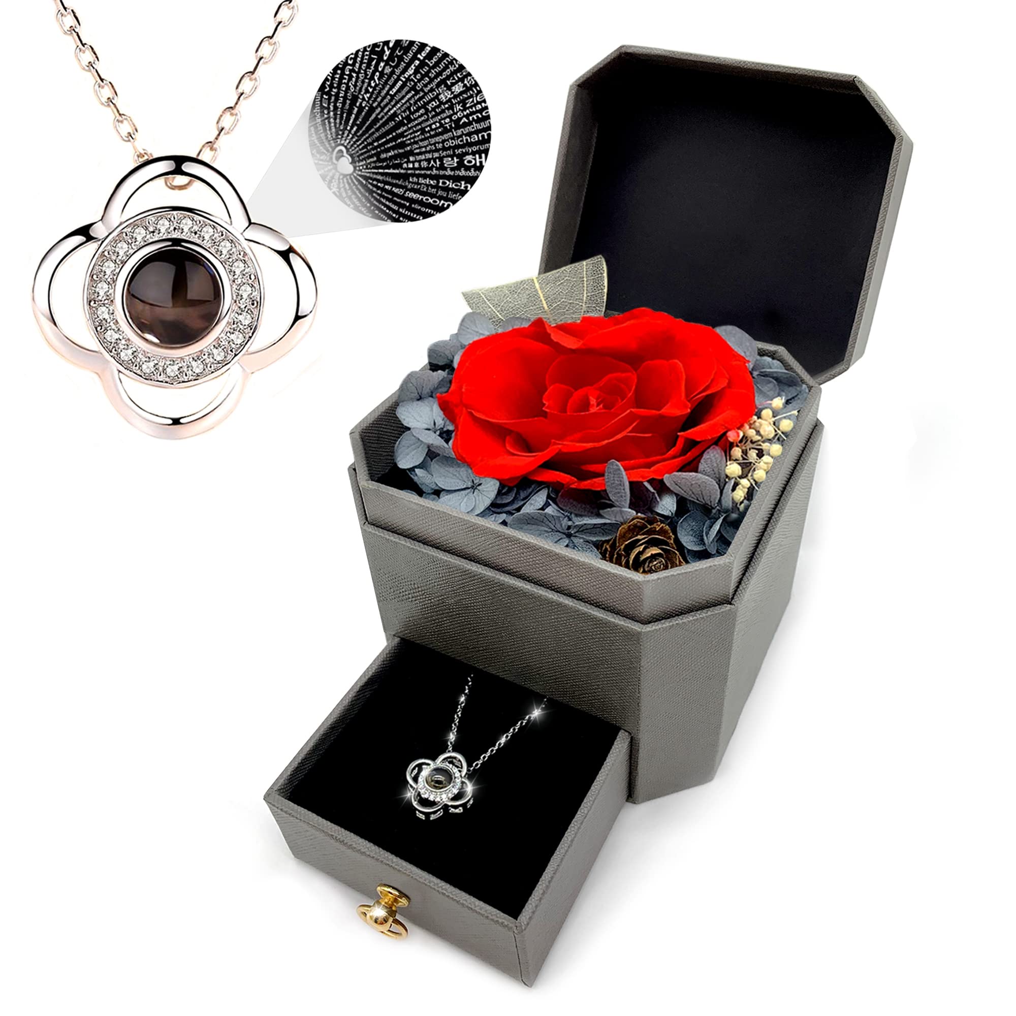 Preserved Real Red Rose in Glass Dome with 'I Love You' Necklace - Romantic Eternal Flower Gift for Wife, Girlfriend, Mom, Daughter | Perfect for Valentine's Day, Anniversary, Birthday, Mother's Day & Christmas | Home Decor, Wedding Centerpiece, Romantic Surprise Gift