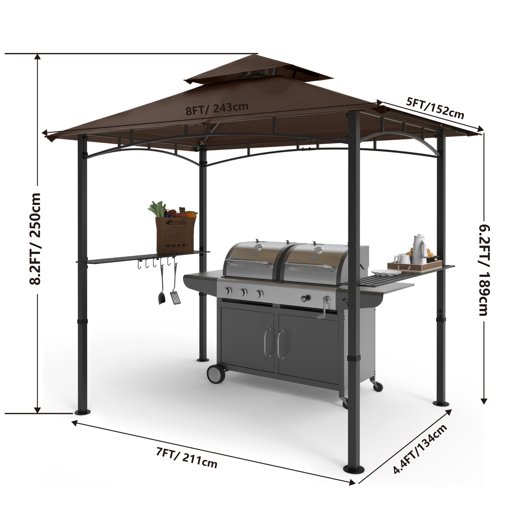 COOSHADE 8'x5' Double Tiered Outdoor BBQ Grill Gazebo with LED Lights - Waterproof Canopy for Patio, Backyard, Garden & Camping (Brown)