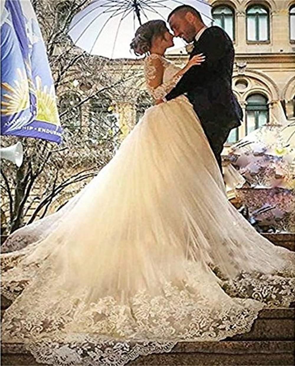 Elegant Long Sleeve Lace Mermaid Wedding Dress with Detachable Train - Romantic Bridal Gown for Women | Perfect for Church Ceremonies, Beach Weddings & Formal Receptions