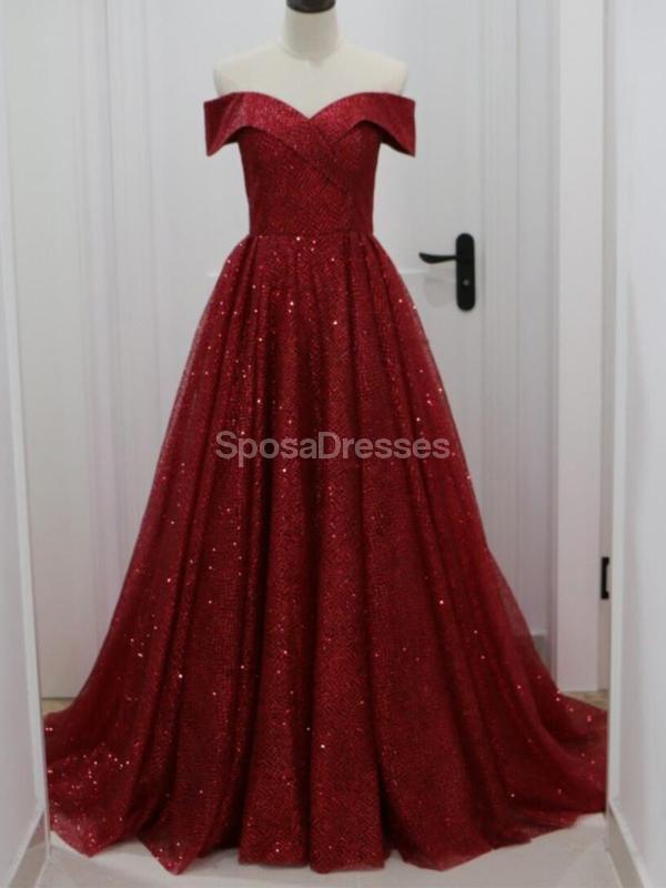 Elegant Off Shoulder Dark Red Sparkly A-Line Long Evening Prom Dress for Women - Formal Gown for Parties, Homecoming, and Special Occasions