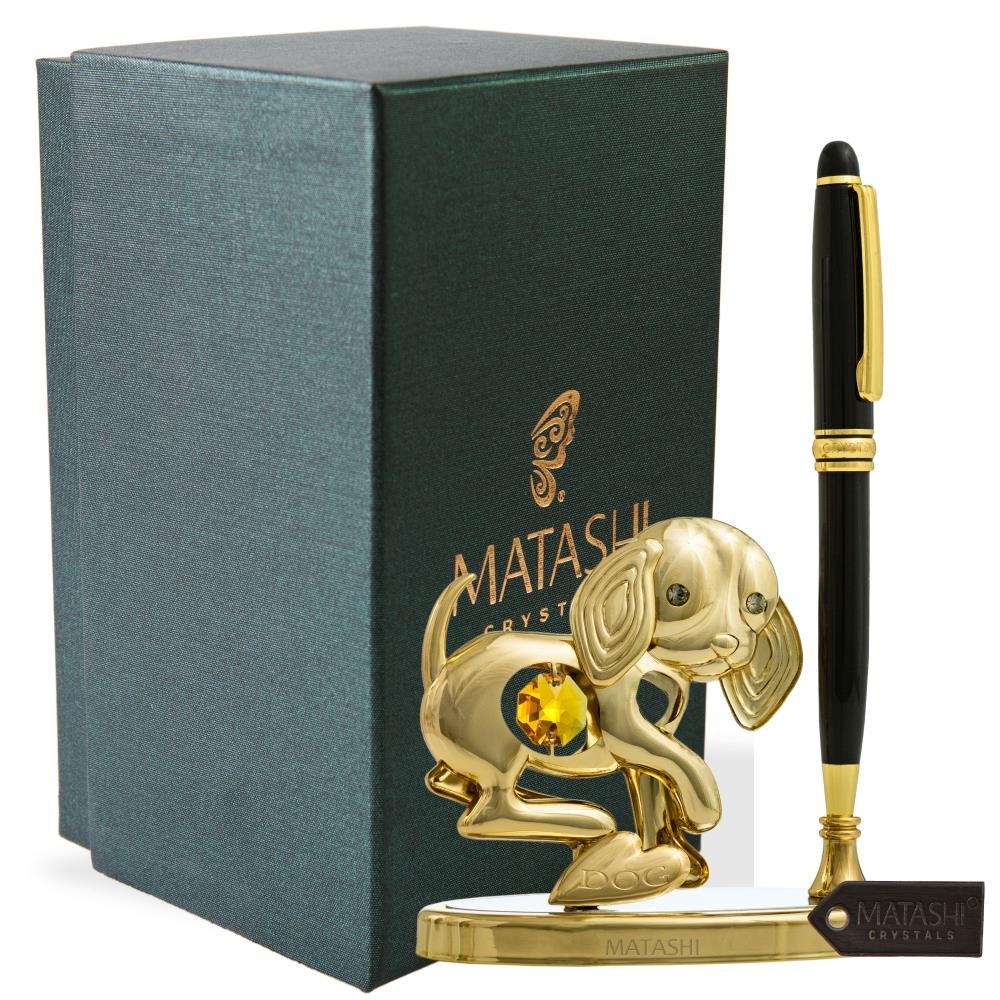 24K Gold Plated Crystal Dog Pen Set - Elegant Metal Puppy Figurine Pen Holder for Desk Decor - Perfect Gift for Dad, Mom, Wife - Ideal for Mother's Day, Birthday, Office, Home Decor (Black Ballpoint Pen) - Great for Writing, Journaling, and Enhancing Workspace Aesthetics