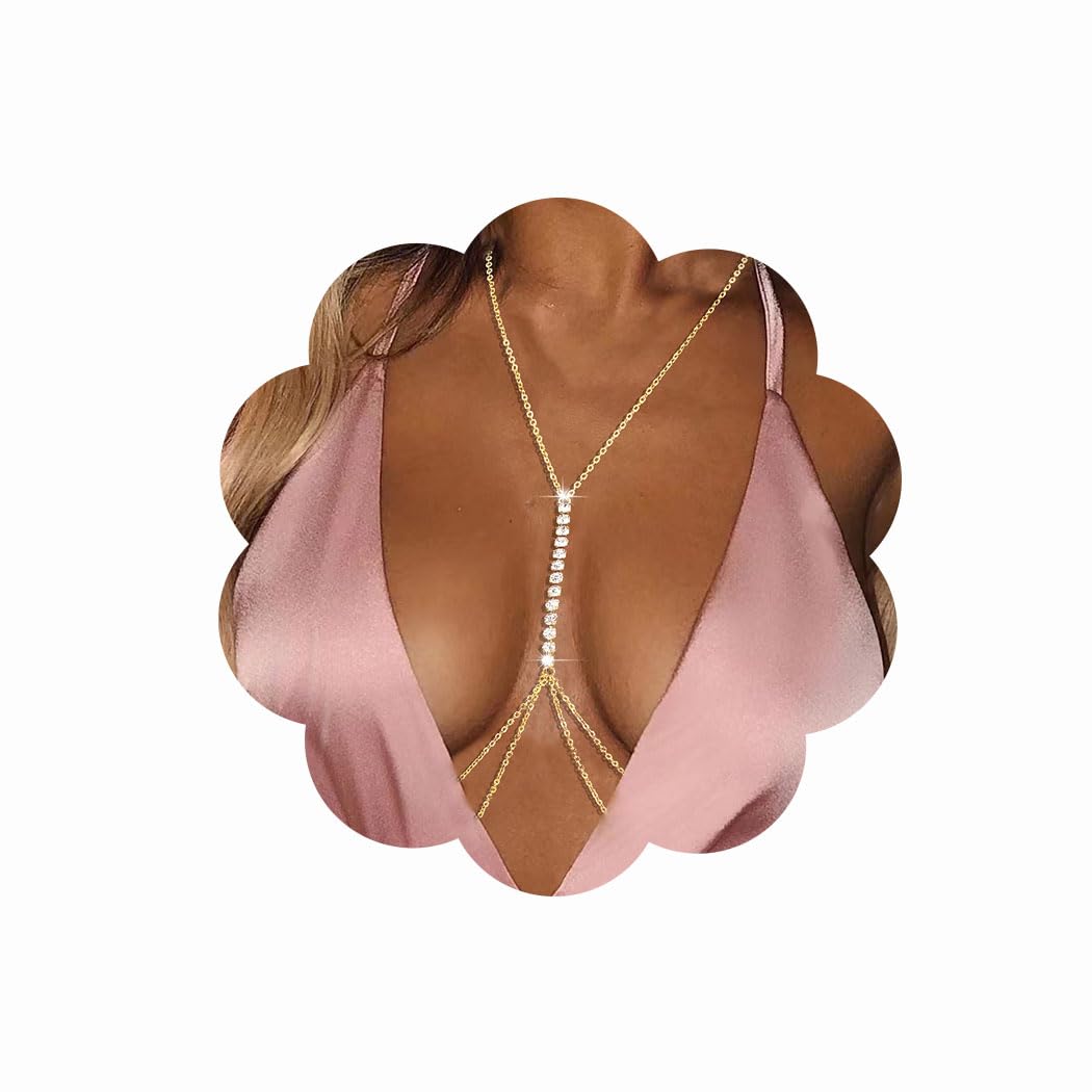 Sparkling Gold Rhinestone Body Chain - Crystal Bikini Jewelry & Layered Necklace for Women | Perfect for Nightclub, Beach Party, Festival & Bachelorette