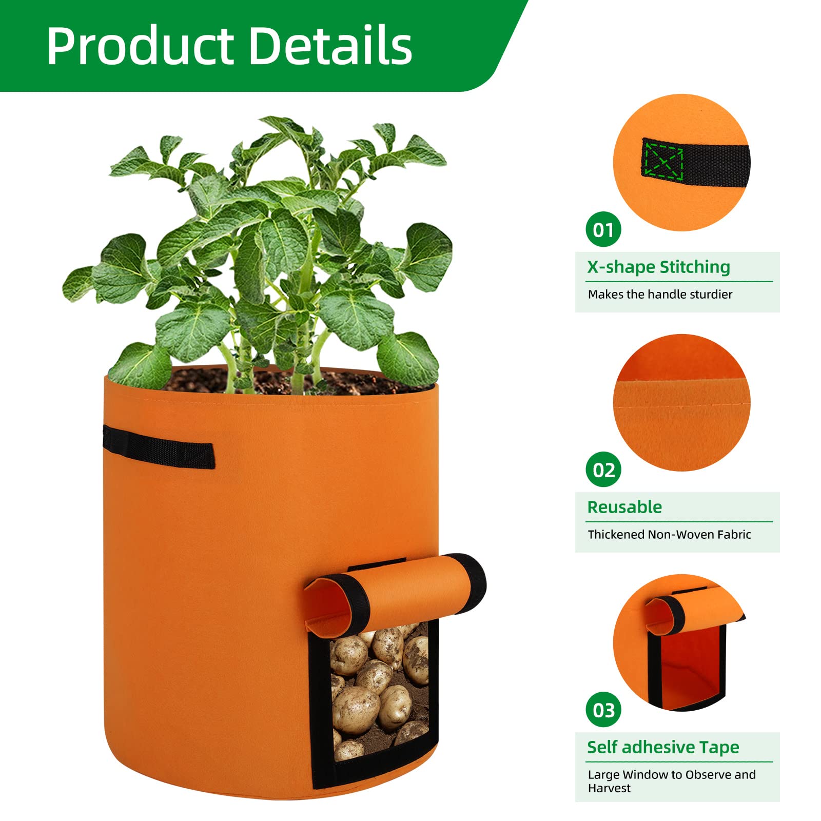 6 Pack 10 Gallon Thickened Nonwoven Fabric Grow Bags with Flap - Plant Pots for Potatoes, Tomatoes, Fruits, Herbs, Vegetables - Ideal for Indoor/Outdoor Gardening, Balcony & Patio Planting