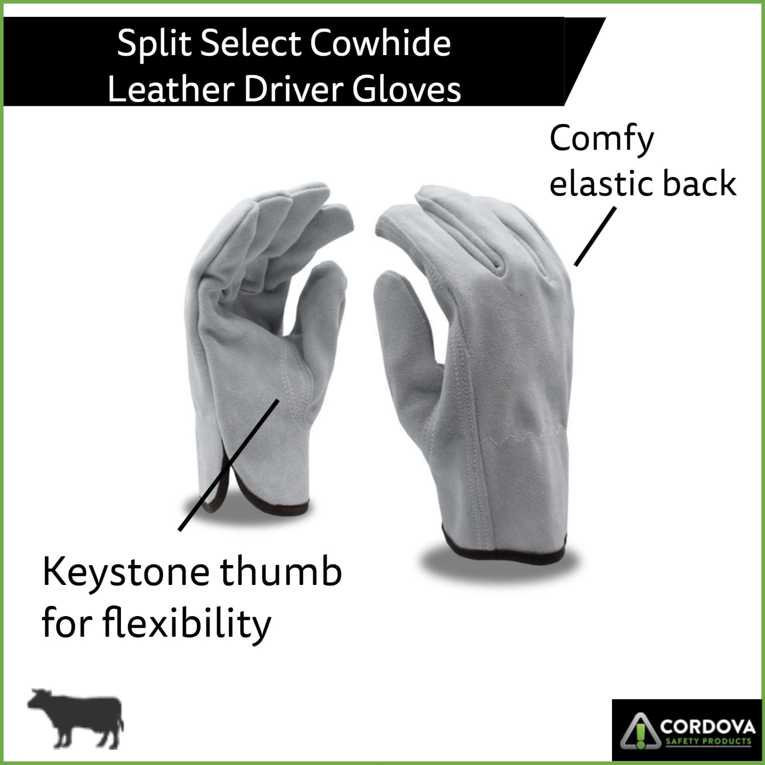 Premium Cordova 7800M Select Split Leather Driver Gloves - Unlined, Shirred Elastic Back, Keystone Thumb - Gray, Medium (12-Pack Bulk) - Ideal for Trucking, Delivery Services & Winter Driving