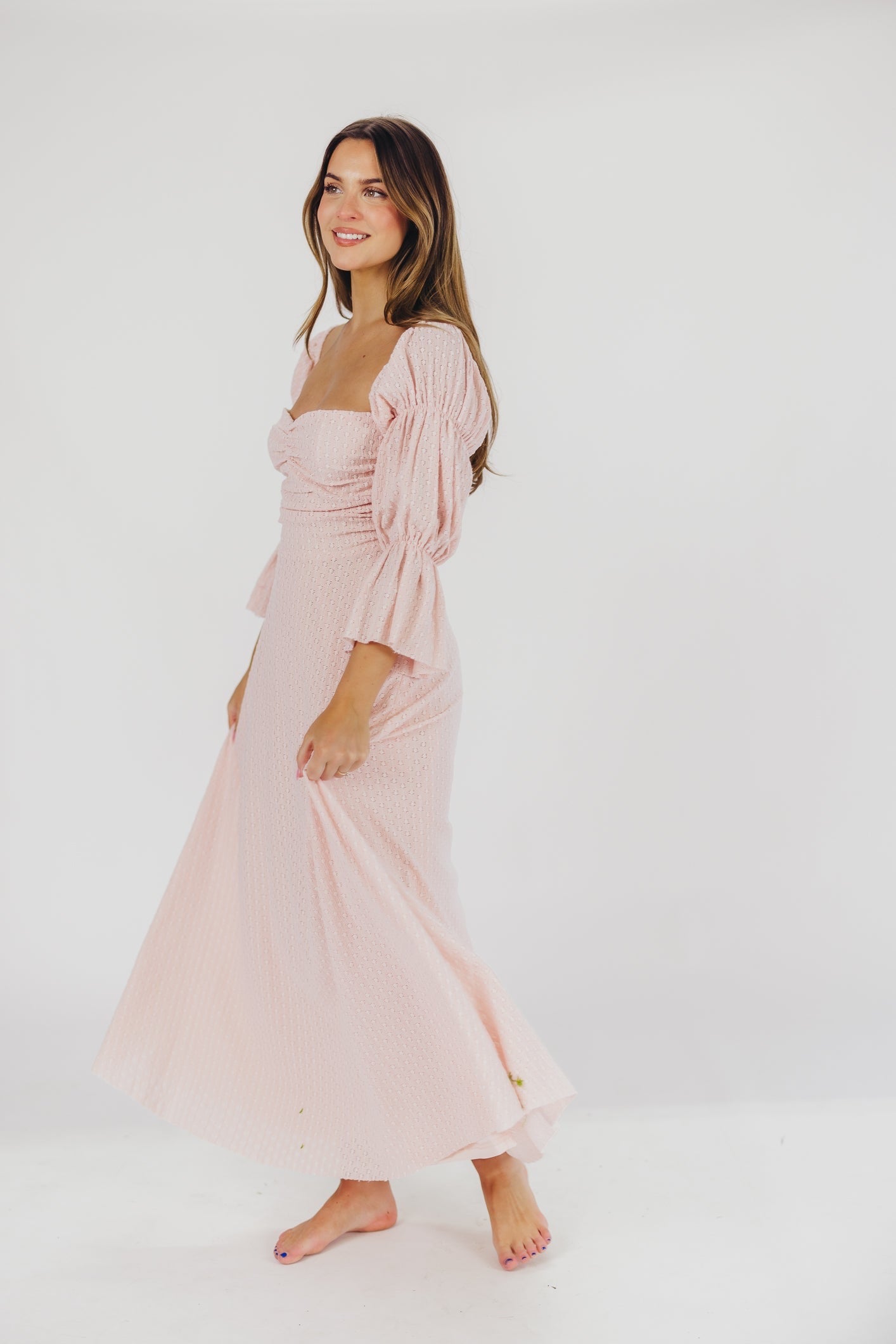 Corrine Tiered Sleeve Maxi Dress with Pockets - Ballerina Pink Maternity Dress | Bump Friendly Flowy Summer Dress for Beach, Wedding & Vacation