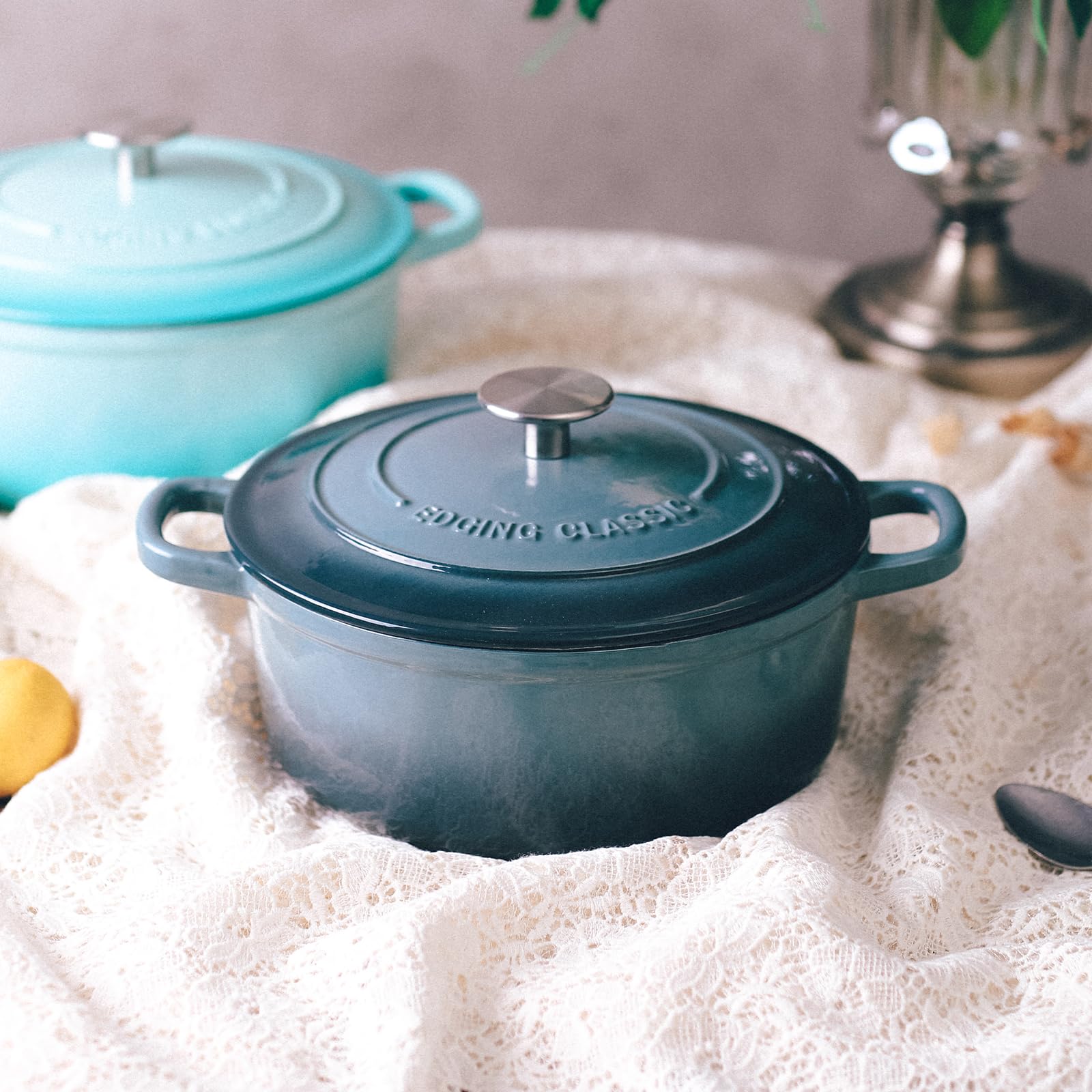 Premium 5.5 Quart Enameled Cast Iron Dutch Oven with Dual Handles - Slate Blue - Perfect for Braising, Stewing, Baking & Slow Cooking Soups