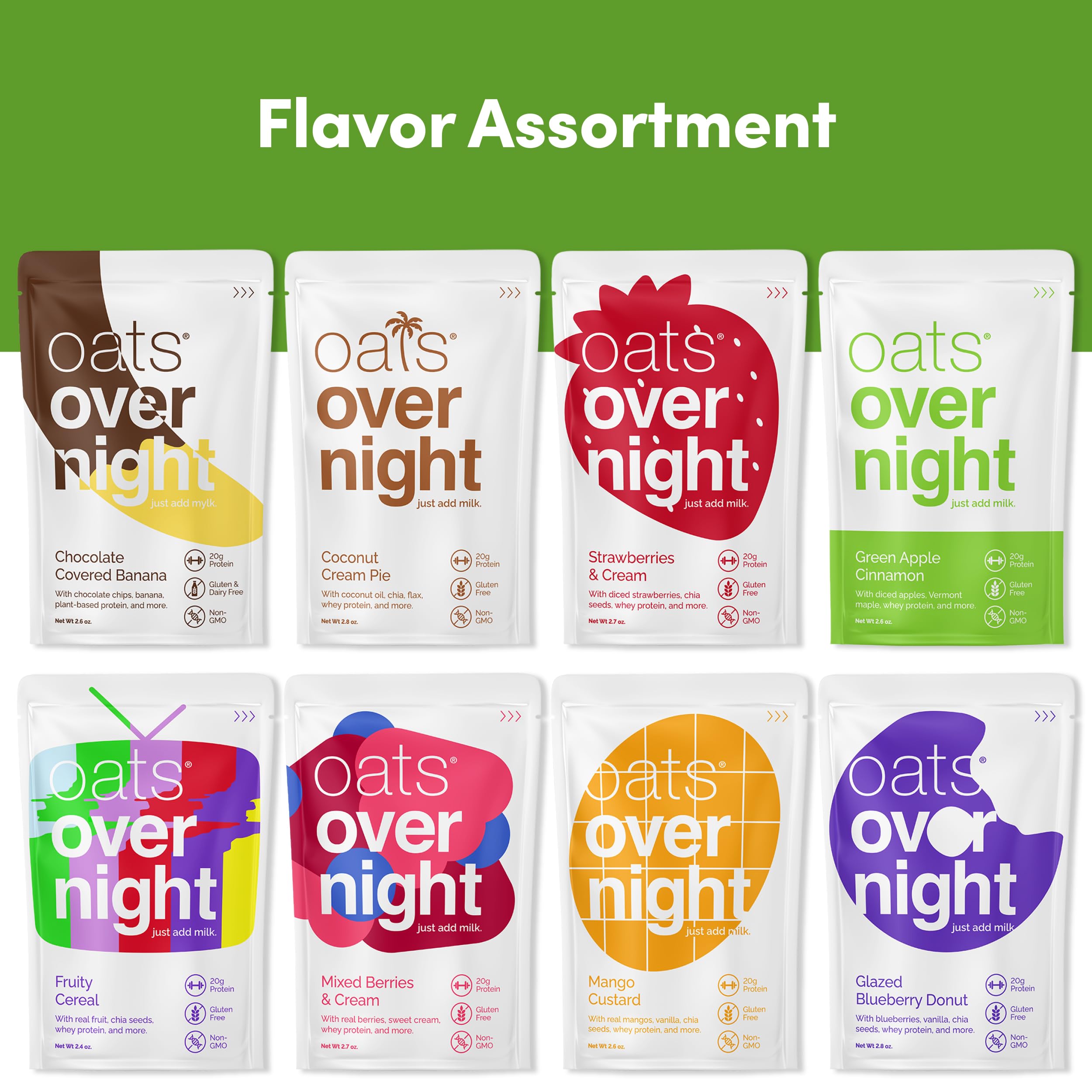 Oats Overnight Fruit Variety Pack - High Protein & Fiber Gluten-Free Breakfast Shake | Non-GMO Oatmeal with Fruity Cereal & Chocolate Banana Flavors (8 Pack) - Perfect for Busy Mornings, Post-Workout Recovery & Healthy On-the-Go Meals