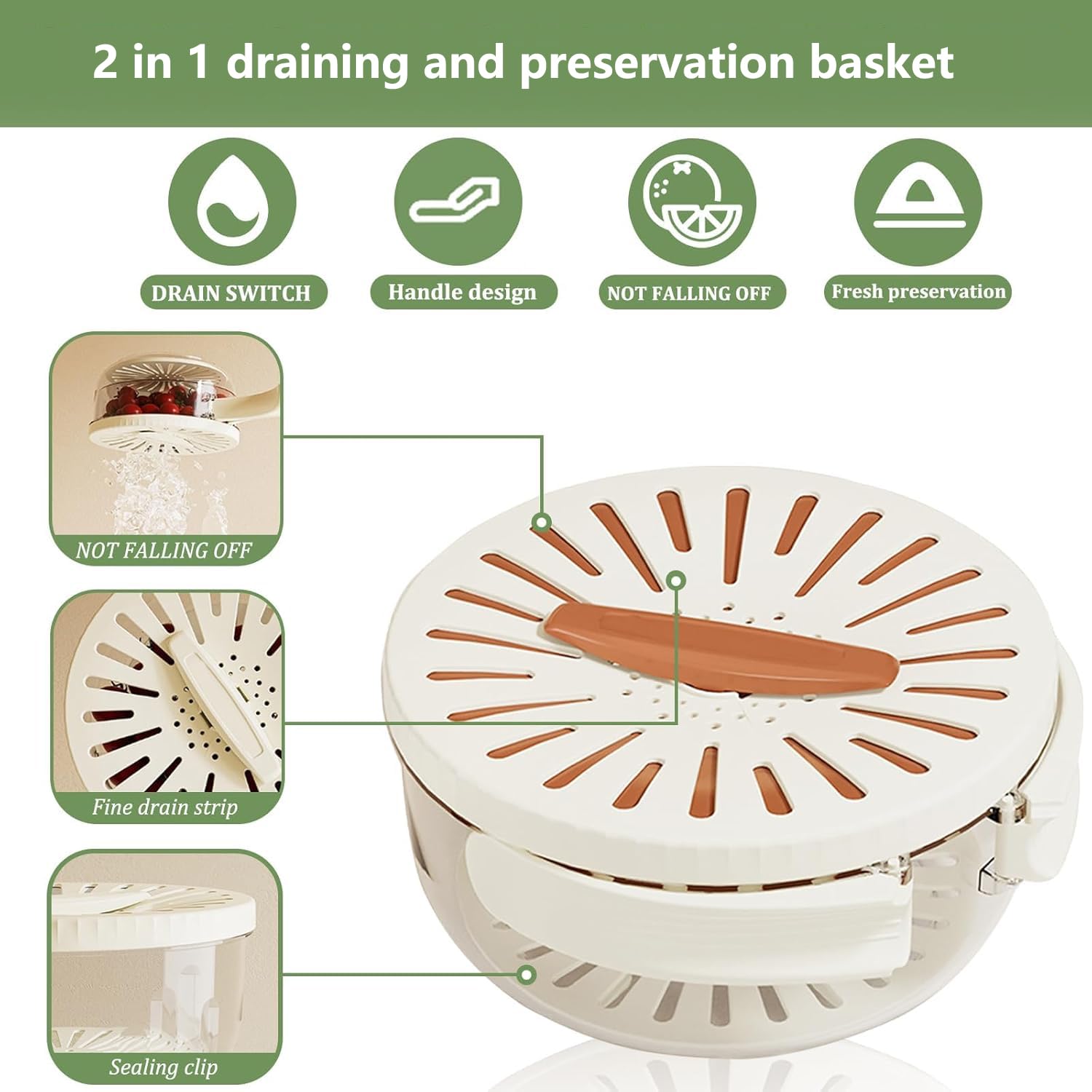 2-in-1 Multifunctional Fruit Washing Bowl with Drain Basket & Handle - Vegetable & Berry Strainer Container for Kitchen, Camping & Picnics (Brown, 2-Pack)